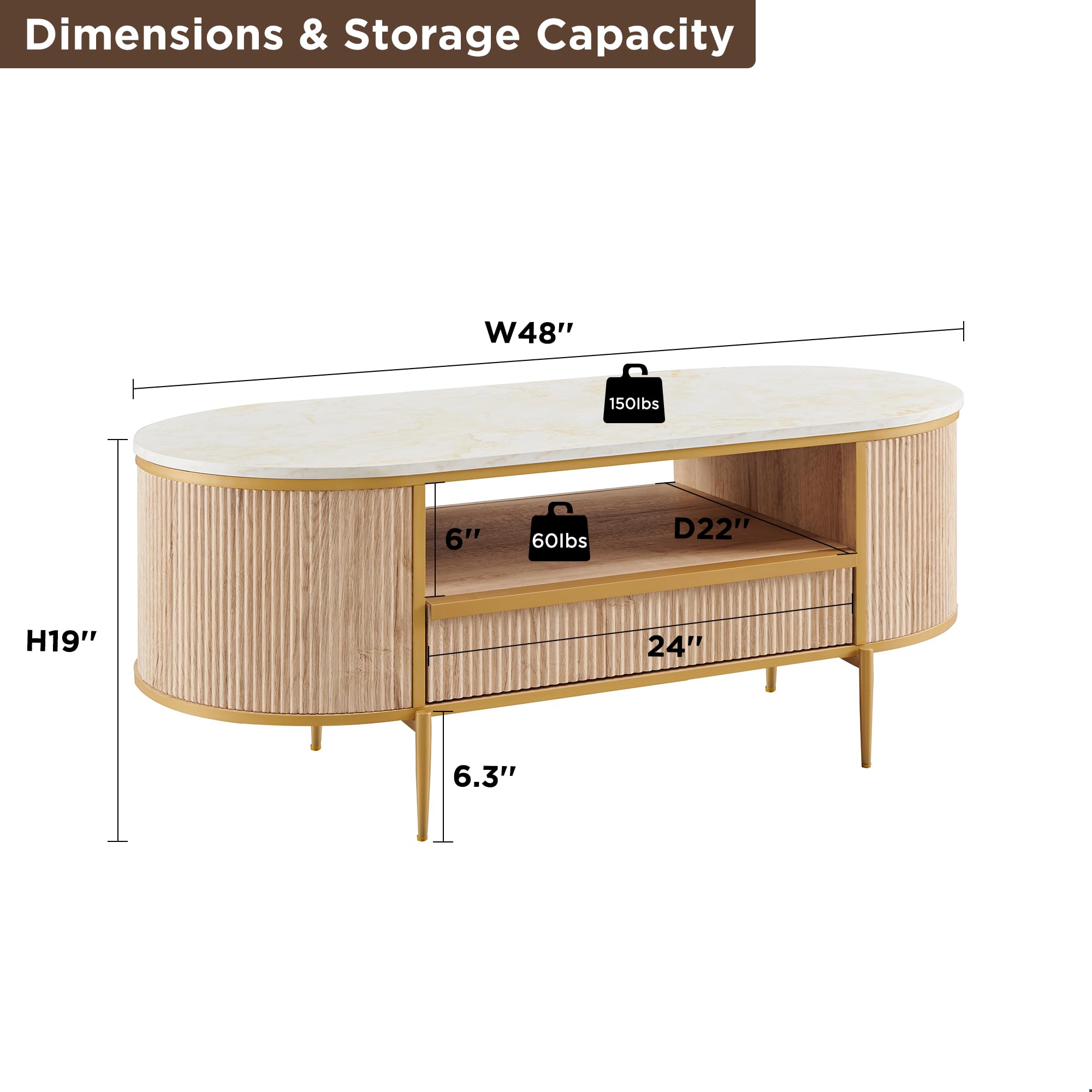 8" Modern Luxury Fluted Oval Coffee Table with Drawer, Faux Marble Top, Gold Metal Accent, Center Table for Living Room, Natural Oak