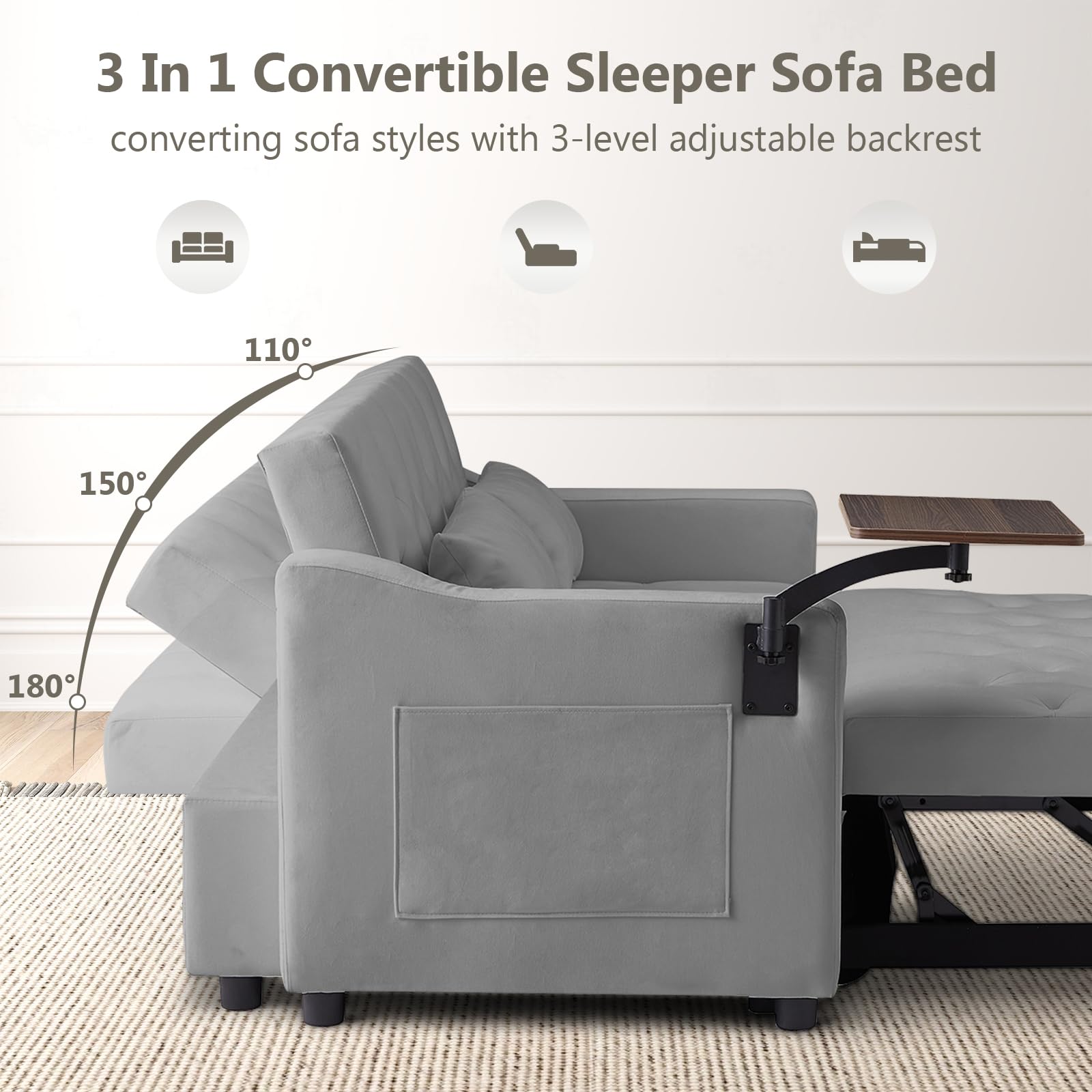 3-in-1 Convertible Loveseat Sleeper Sofa Bed, Pull-Out Couch with 3-Position Backrest & 360° Swivel Side Table, for Small Spaces, Grey
