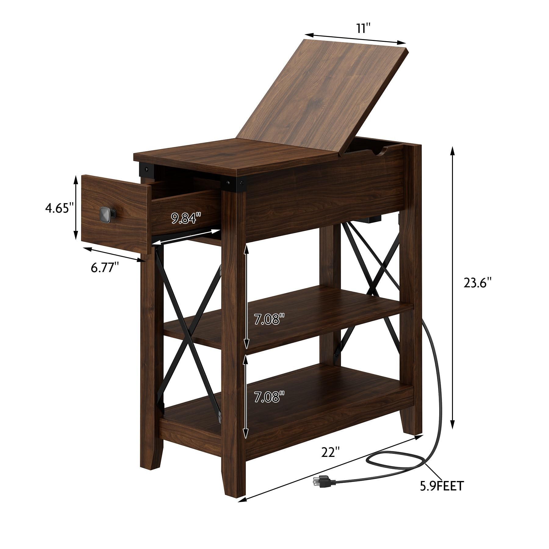 Set of 2 Narrow End Tables with Charging Station, USB Ports & Outlets, Farmhouse Slim Nightstands with Flip Top Drawer, Walnut Finish
