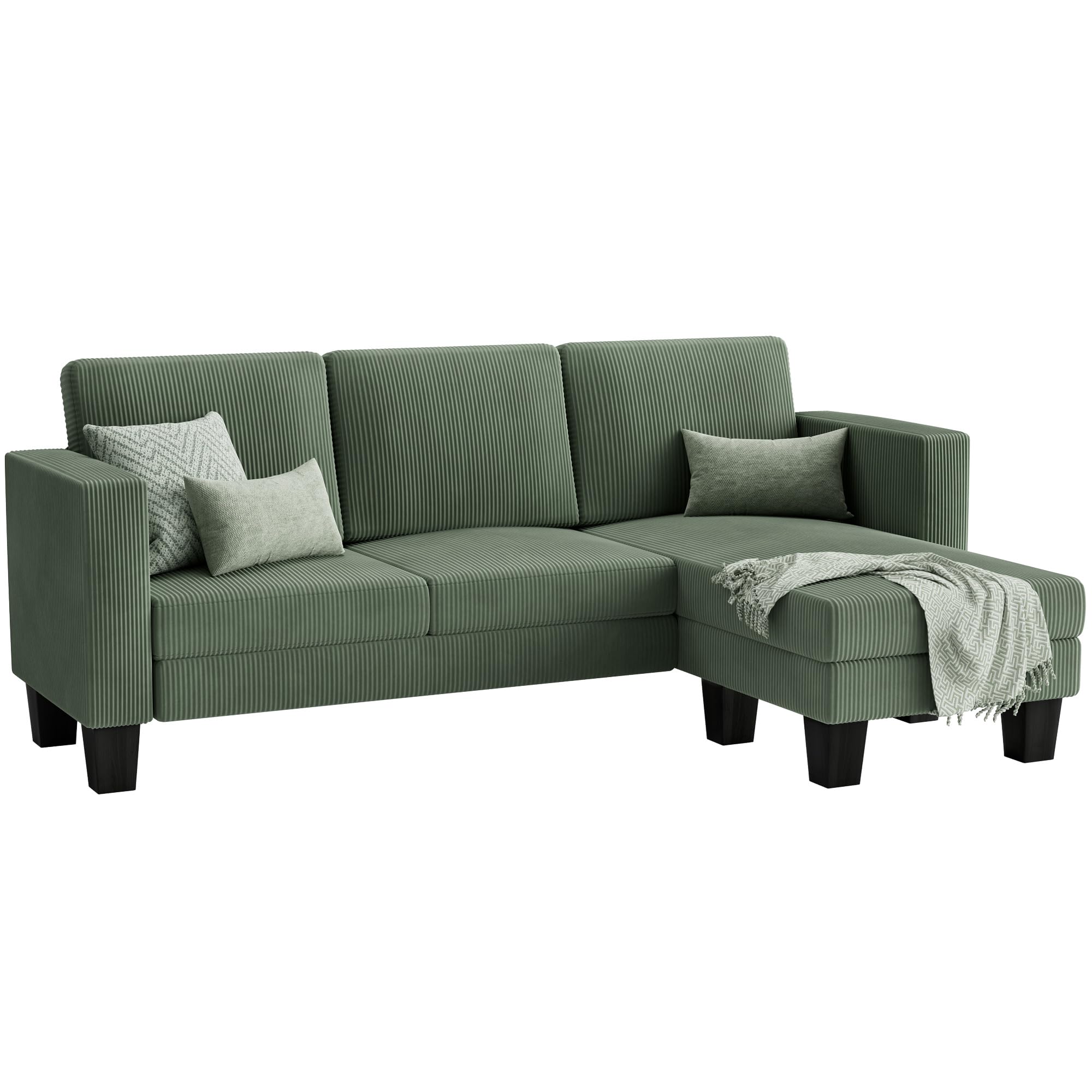 L-Shaped Convertible Sectional Sofa 3 Seater with Corduroy Fabric, Complete with Mobile Footrest, for Living Room, Apartment and Office, 70", Green