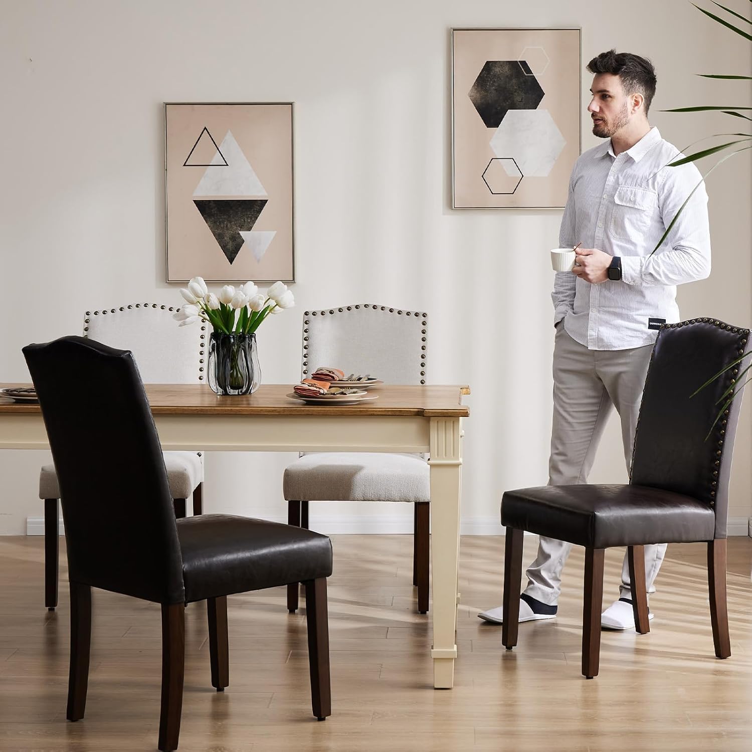 Dining Chairs Set of 2, PU Leather Upholstered Mid Century Modern High-End Dining Room Side Chair with Nailhead Trim and Solid Wood Legs