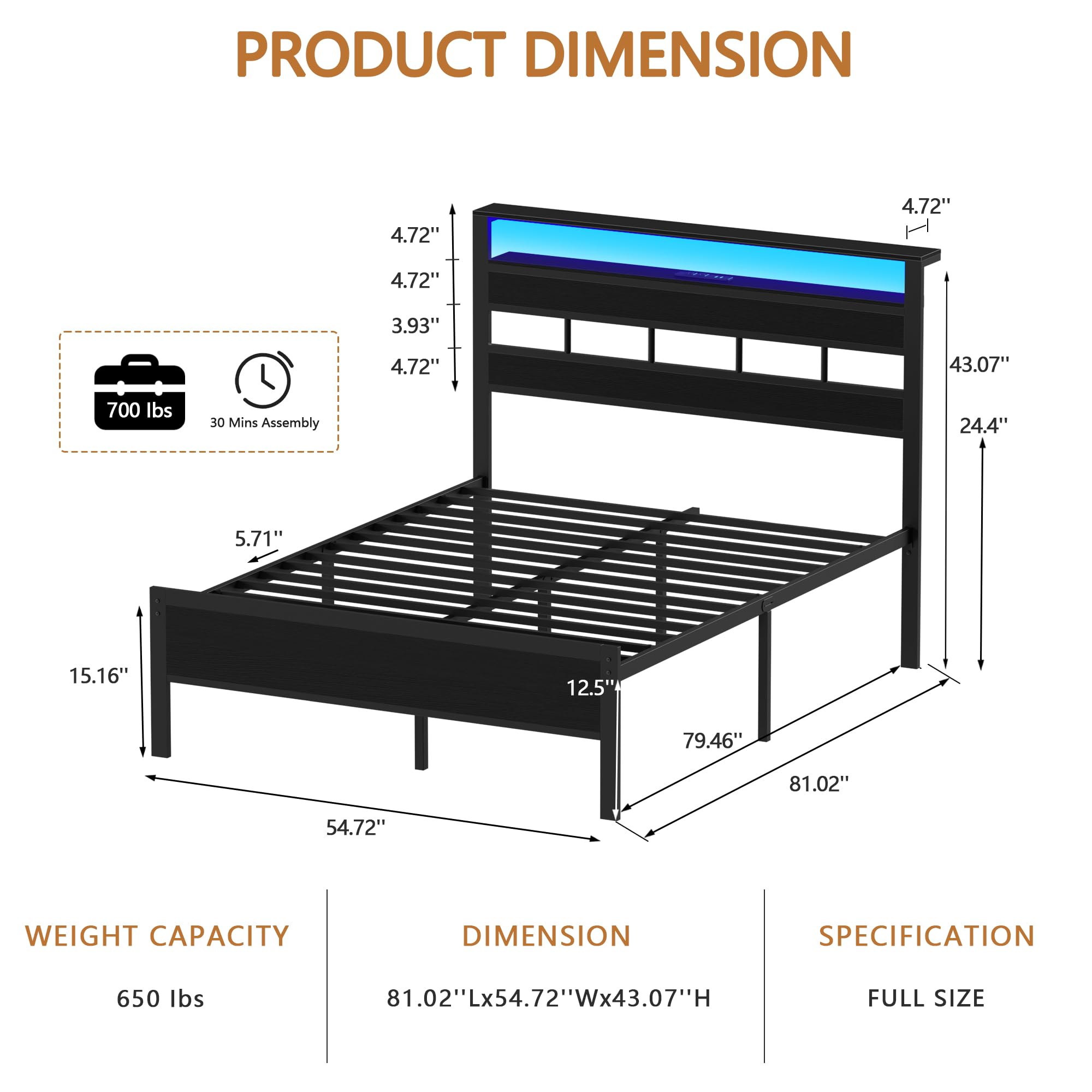 Full Size Bed Frame with LED Light and Charging Station, Wood Storage Headboard with 2-Tier Shelves, Metal Platform Bed with Heavy Duty Slat