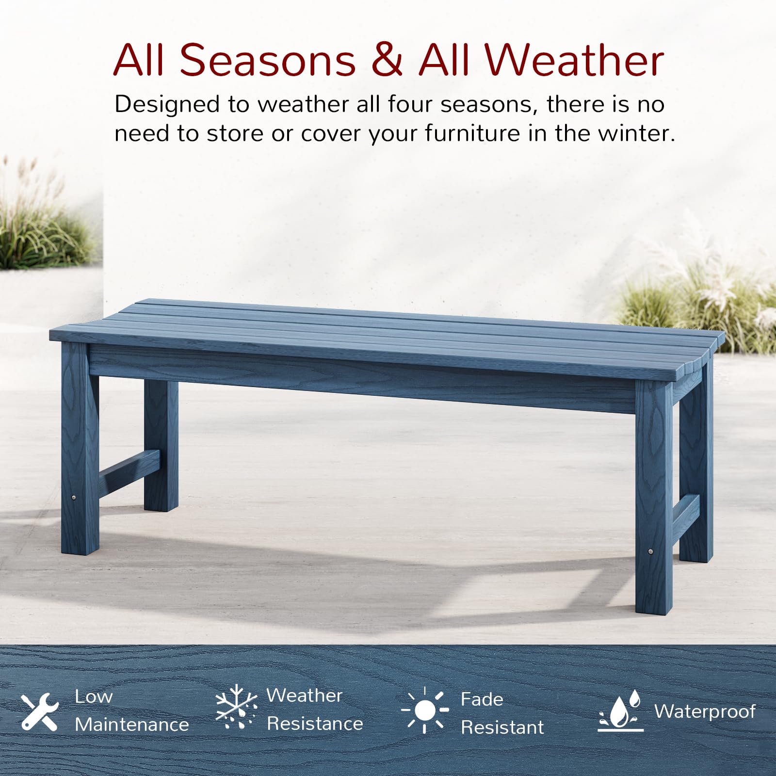 Outdoor Bench, 2-Person Patio Dining Bench, Waterproof Garden Bench, Never Rot or Fade, for Porch, Garden, Deck, and Entryway, Blue