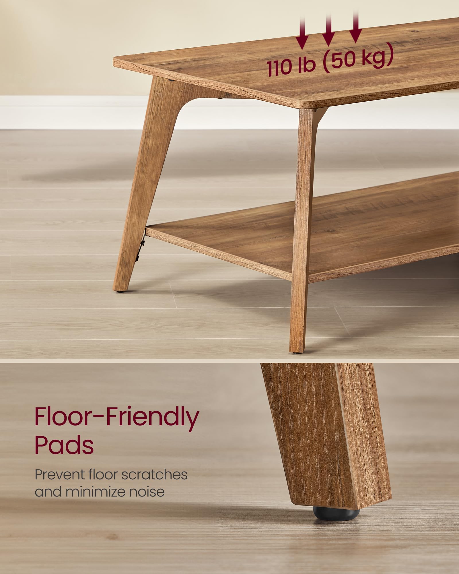 Tier Coffee Table with Storage, Rounded Corners, Easy Assembly, 21.7"x39.4", Center Table for Living Room, Honey Brown