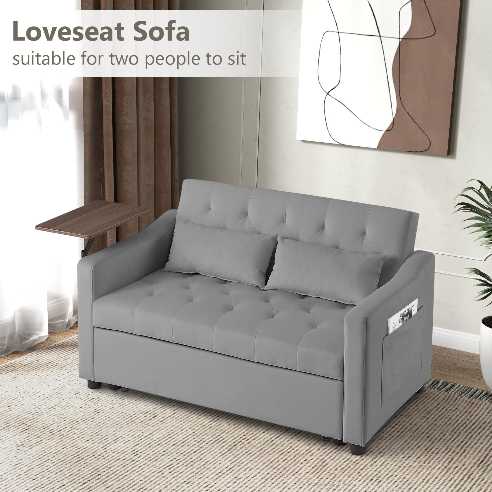 3-in-1 Convertible Loveseat Sleeper Sofa Bed, Pull-Out Couch with 3-Position Backrest & 360° Swivel Side Table, for Small Spaces, Grey