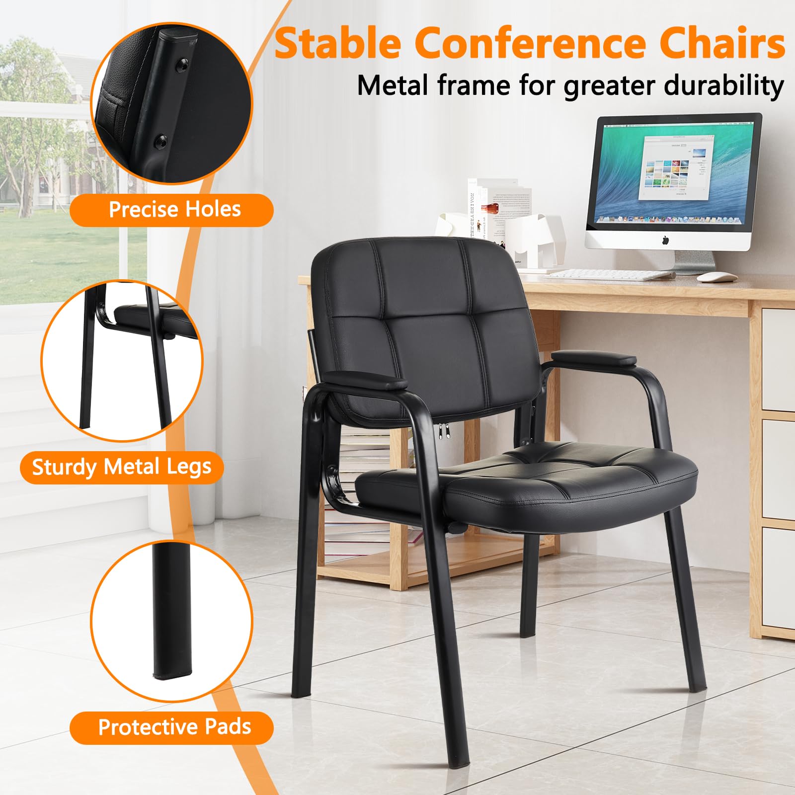 Waiting Room Guest Chair with Bonded Leather Padded Arm Rest for Office Reception and Conference Desk Black 4 Pack