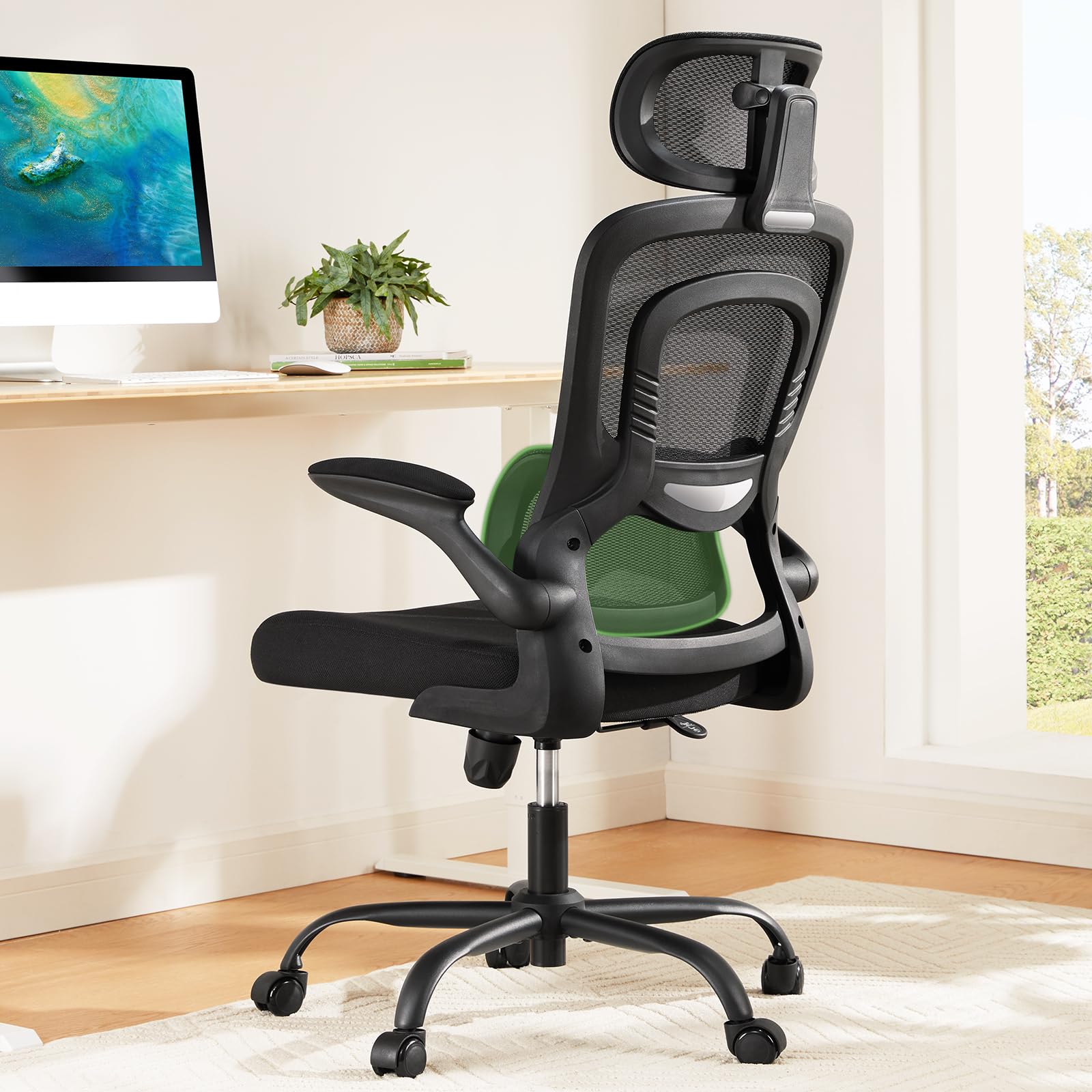 Ergonomic Office Chair with Adjustable Lumbar Support, High Back Desk Chair with 2D Headrest & Flip-Up Armrests Gaming Computer Task Chair Tilt Function Black