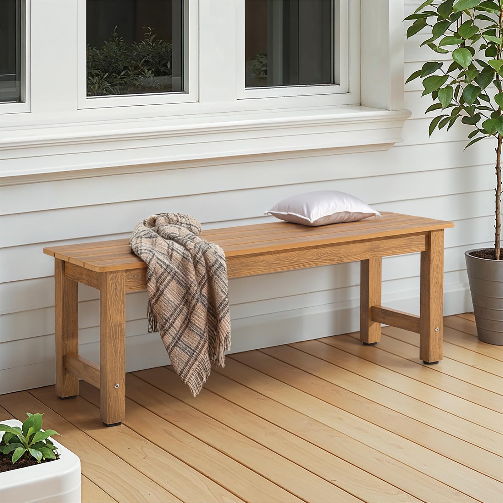 Outdoor 2-Person Bench, All-Weather Poly Lumber Patio Seat, Fade & Rot Resistant, Easy Assembly for Garden, Porch, Backyard, Teak