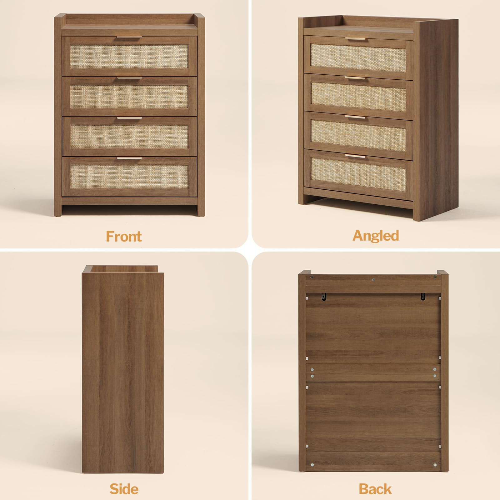 38" Tall Dresser for Bedroom, Boho Chest with 4 Rattan Drawers, Large Clothes Storage Cabinet for Closet, Entryway, Nursery, Living Room