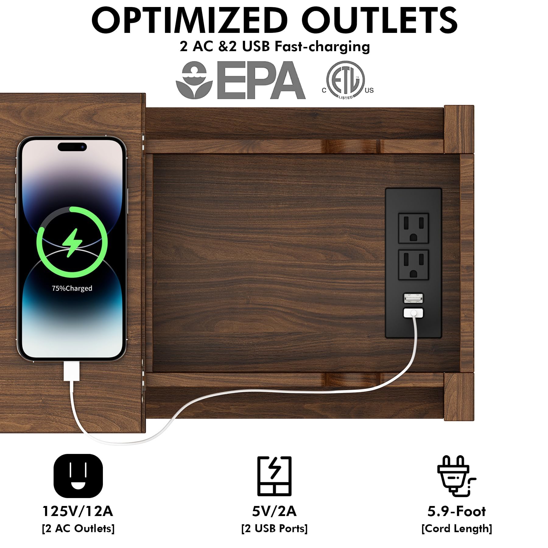 Set of 2 Narrow End Tables with Charging Station, USB Ports & Outlets, Farmhouse Slim Nightstands with Flip Top Drawer, Walnut Finish