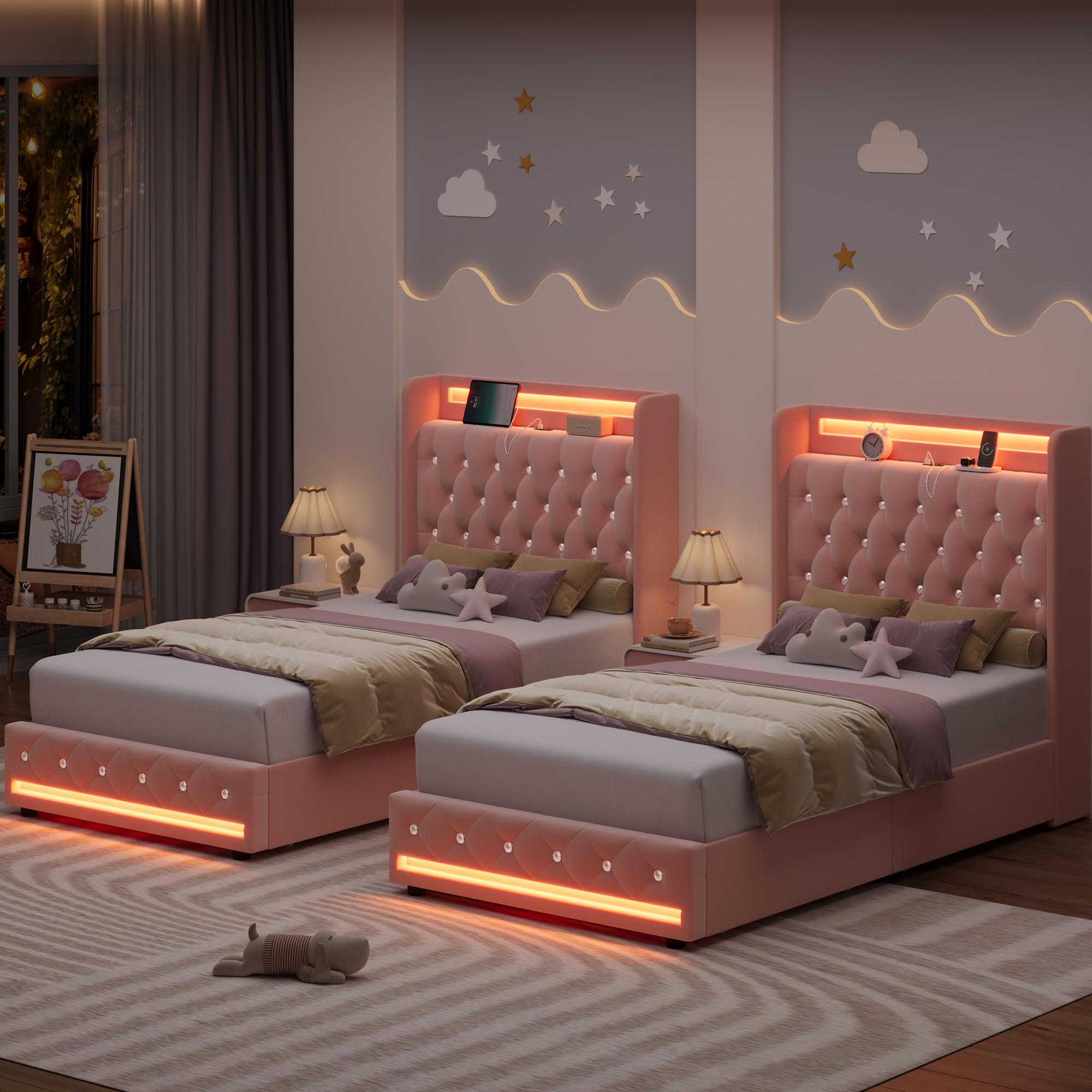 Upholstered Twin LED Bed Frame with Charging Headboard & 4 Drawers, Velvet Tufted Princess Bed for Girls, No Box Spring Needed, Pink