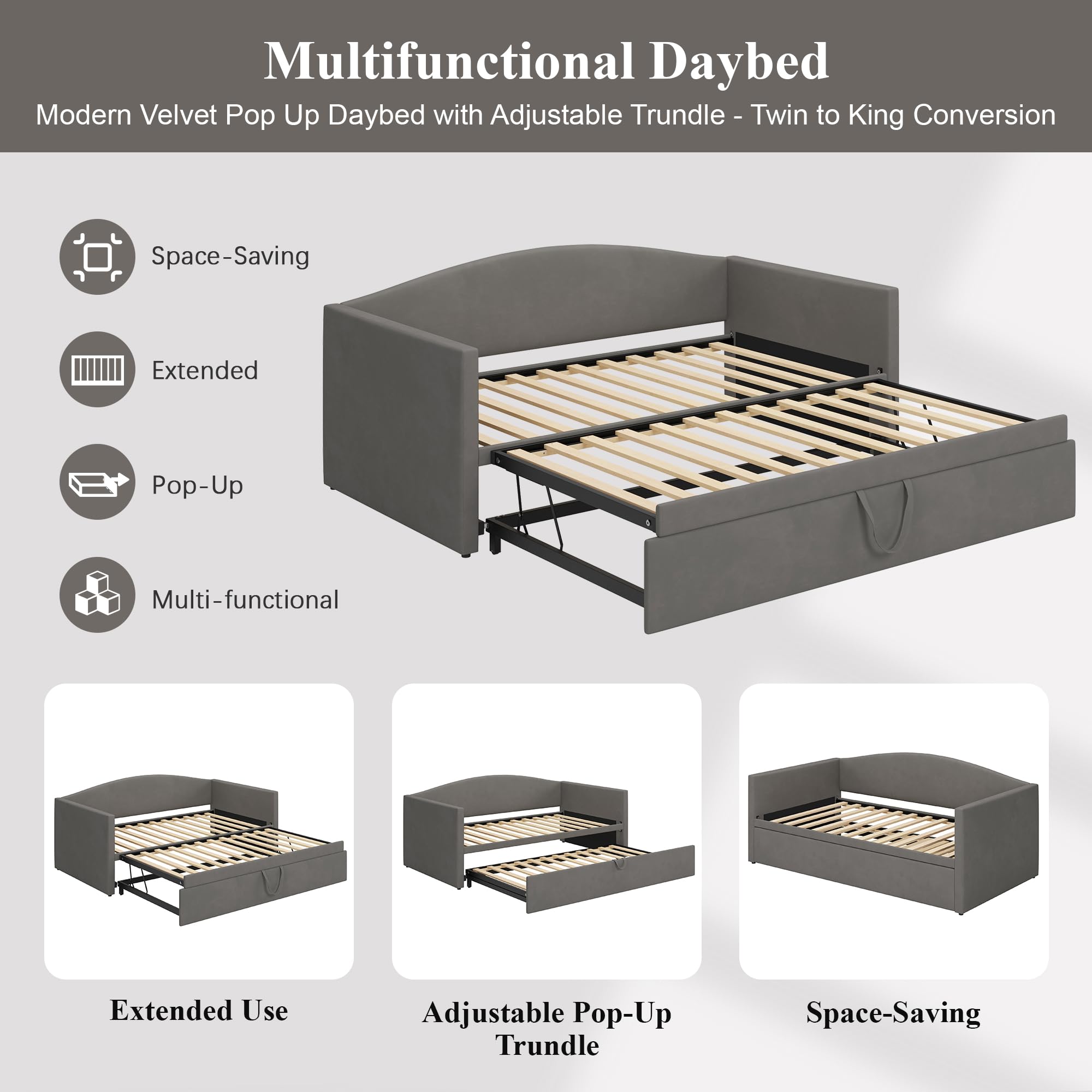 Twin Size Velvet Daybed with Extended Pop Up Trundle, Upholstered Sofa Bed Daybed, Space-Saving Twin to King Design for Guest Room, Gray