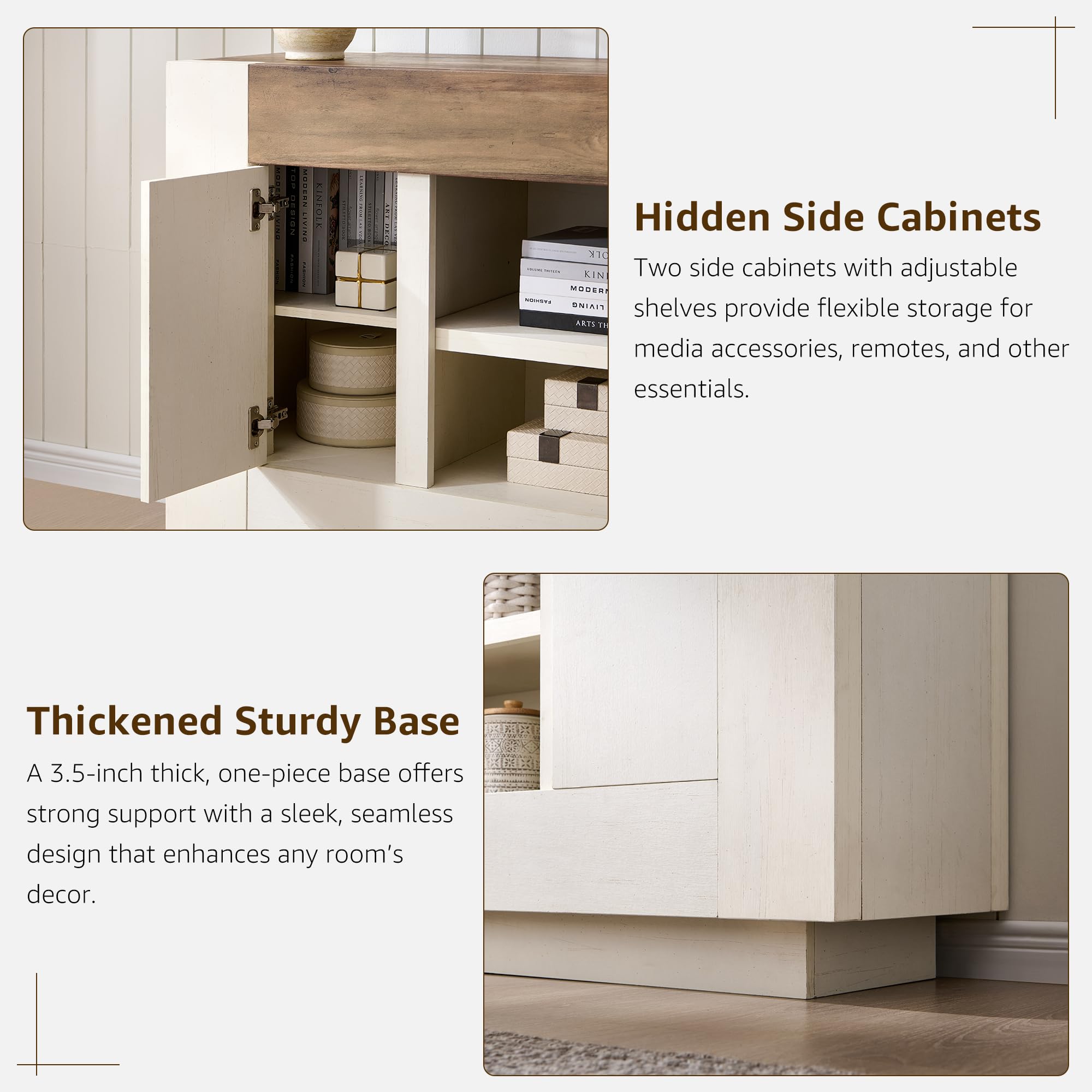Modern 70" TV Stand, Entertainment Center for TVs up to 80", Media Console with Open Storage & Side Cabinets, Thick Wood Design, Antique White