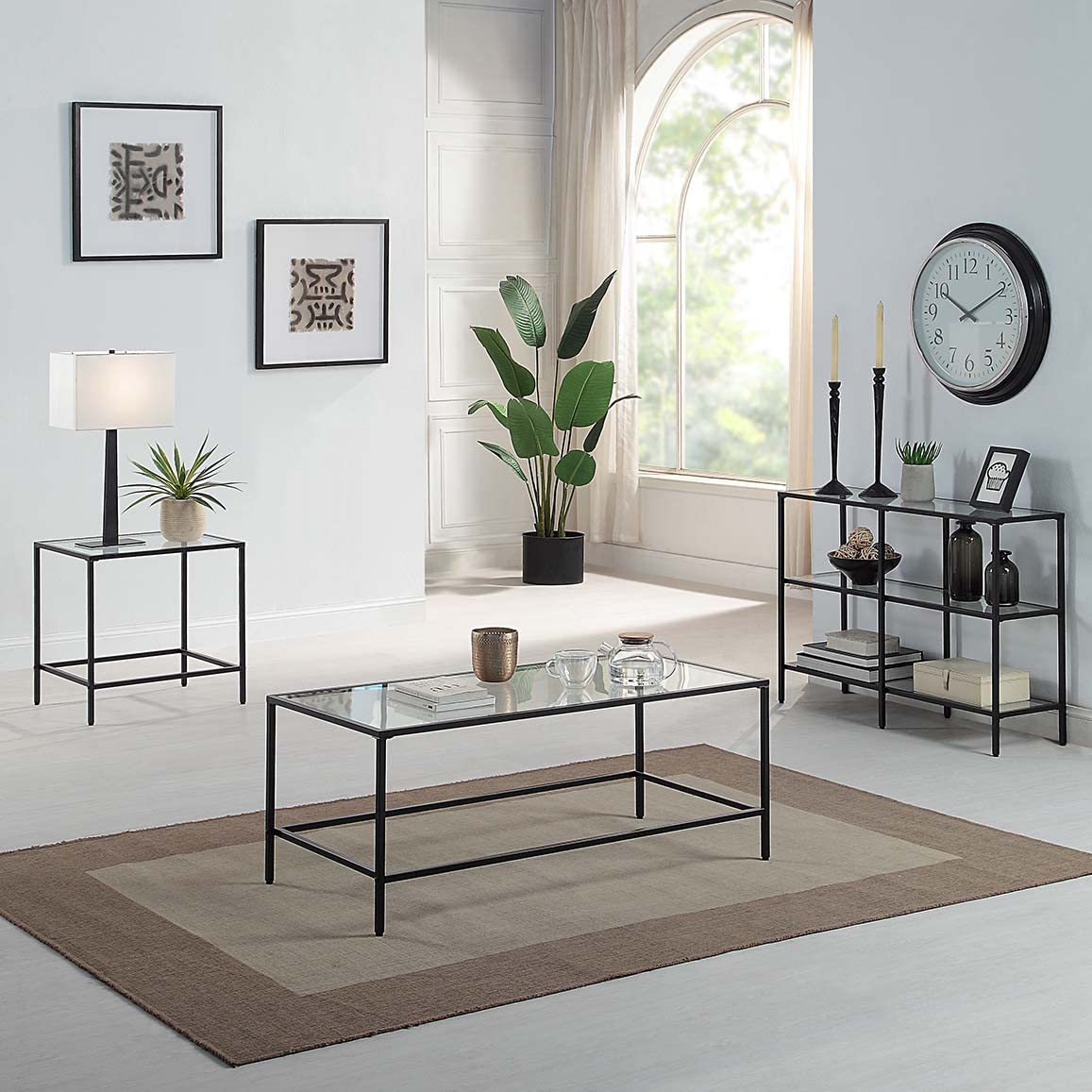 Black Coffee Table, Tempered Glass Wide Rectangle Coffee Table with Black Metal Frame, Modern Minimalist Center Table for Living Room, Dininng