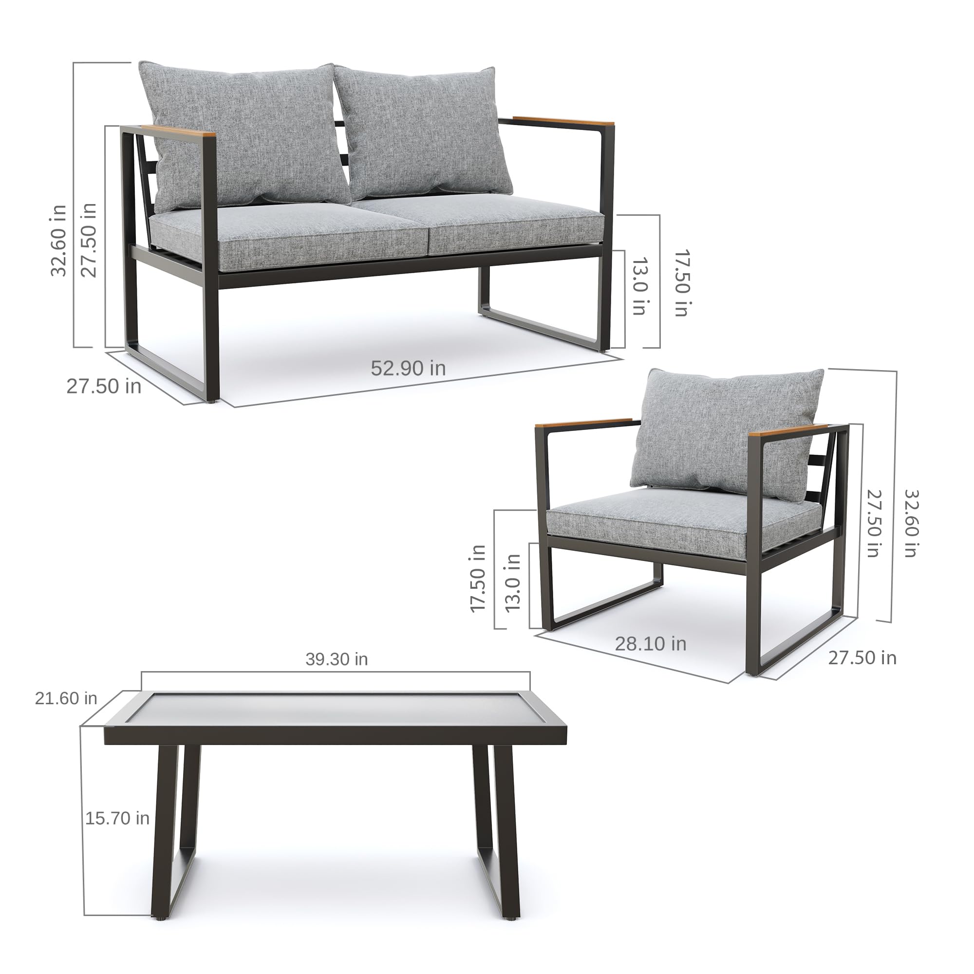 4-Piece Patio Furniture Set with Sofa, Washable Cushions & Tempered Glass Table, Outdoor Conversation Set for Backyard, Light Gray & Black