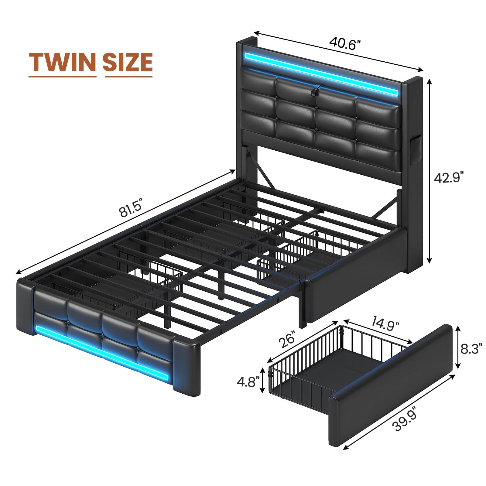 Twin Upholstered Bed Frame with LED Headboard, 4 Storage Drawers, Charging Station, PU Leather Platform Bed for Kids – Black
