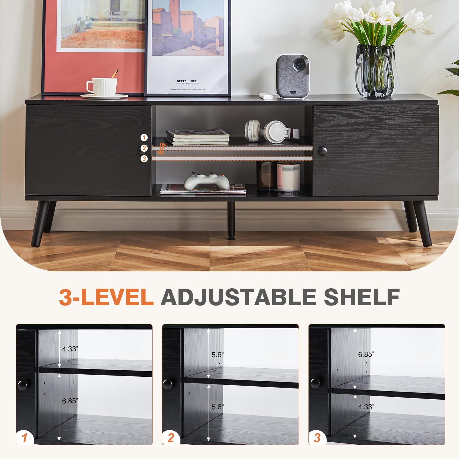 TV Stand for TVs up to 55", Entertainment Center with Open Storage Shelves & Soundbar Shelf, Media Console Table for Living Room, Rustic Brown