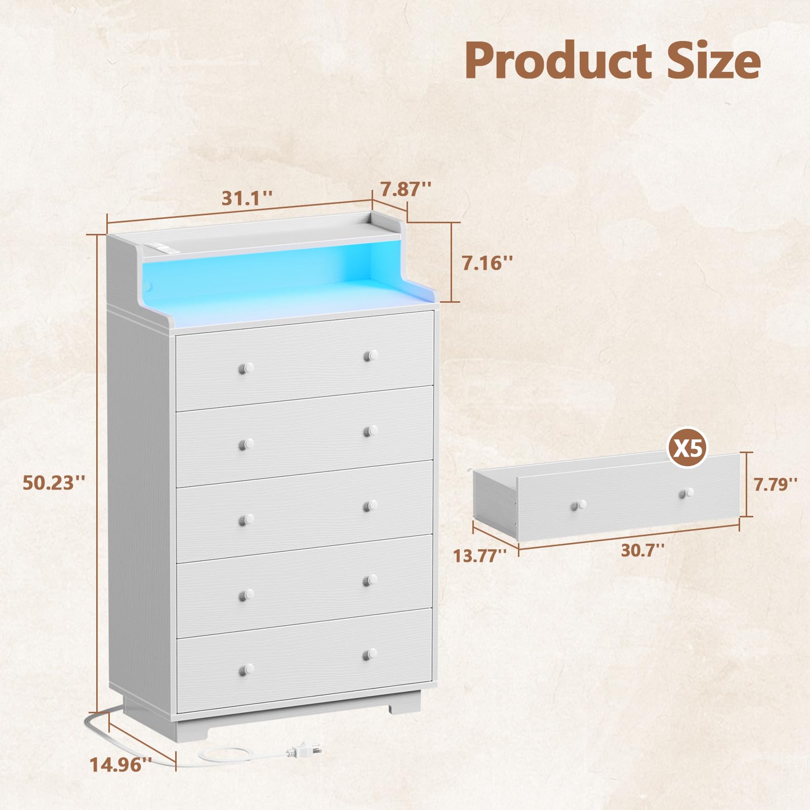 Tall 5-Drawer Dresser for Bedroom, Chest with Charging Station & LED Light, Deep Wood Drawers for Clothes, Closet, Entryway, White