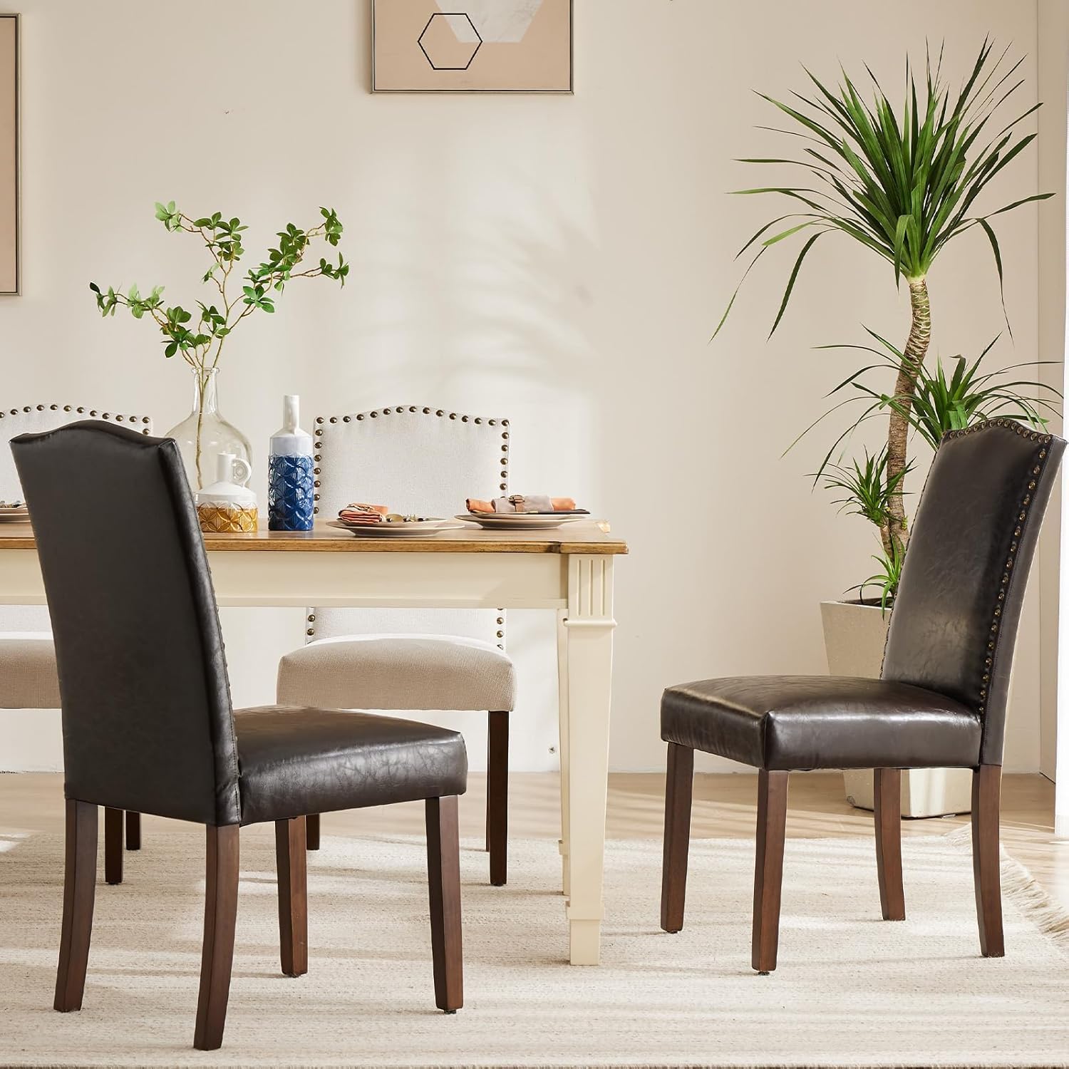Dining Chairs Set of 2, PU Leather Upholstered Mid Century Modern High-End Dining Room Side Chair with Nailhead Trim and Solid Wood Legs