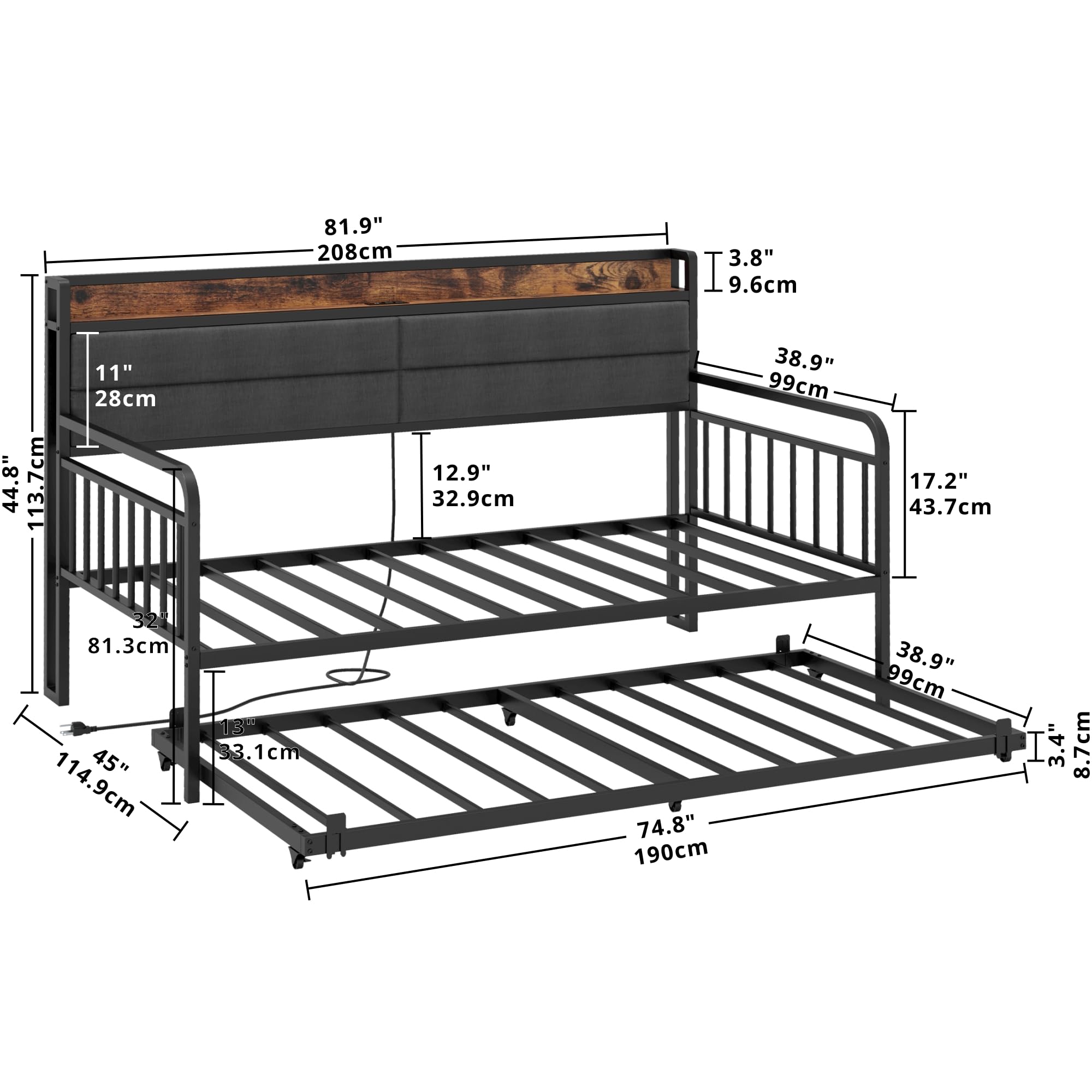 Twin XL Daybed with Trundle, Sturdy Metal Frame with Upholstered Headboard & Charging Station, Sofa Bed for Bedroom, Guest Room, Black