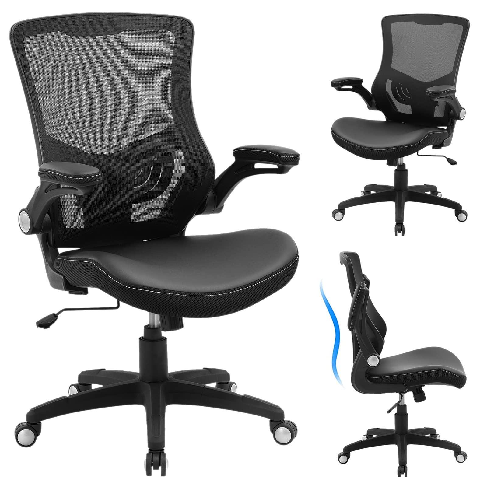 Chair Ergonomic Desk Chair, Computer PU Leather Home Office Chair, Swivel Mesh Back Adjustable Lumbar Support Flip-up Arms Executive Task Chair