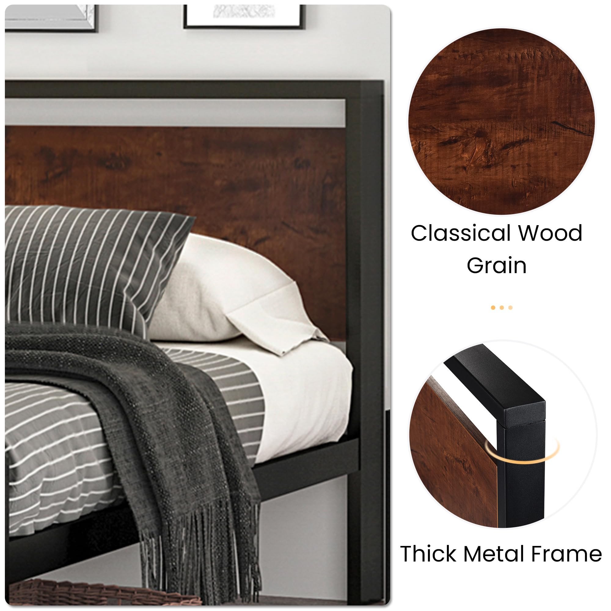 14 Inch Full Size Metal  with Wooden Headboard and Footboard, , , Large Under Bed Storage, Non-Slip Without Noise, Mahogany