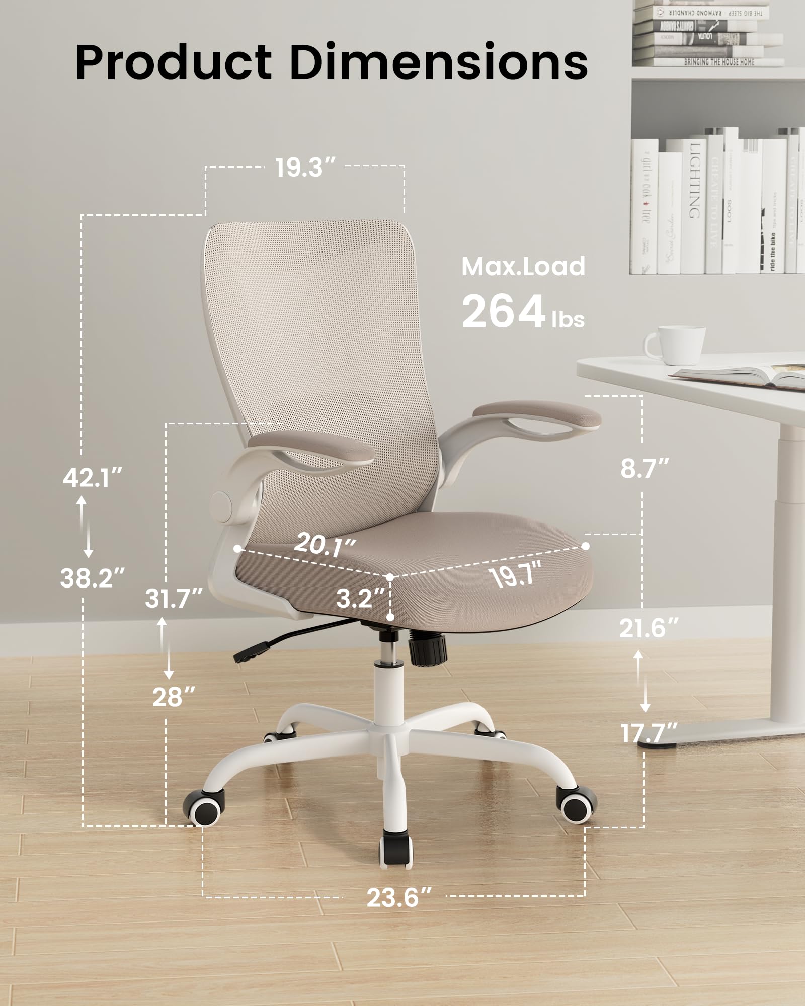 Office Chair, Ergonomic Desk Chair with Adjustable Lumbar Support and Flip up Armrest, Breathable Mesh Computer Chair for Home Office, Khaki