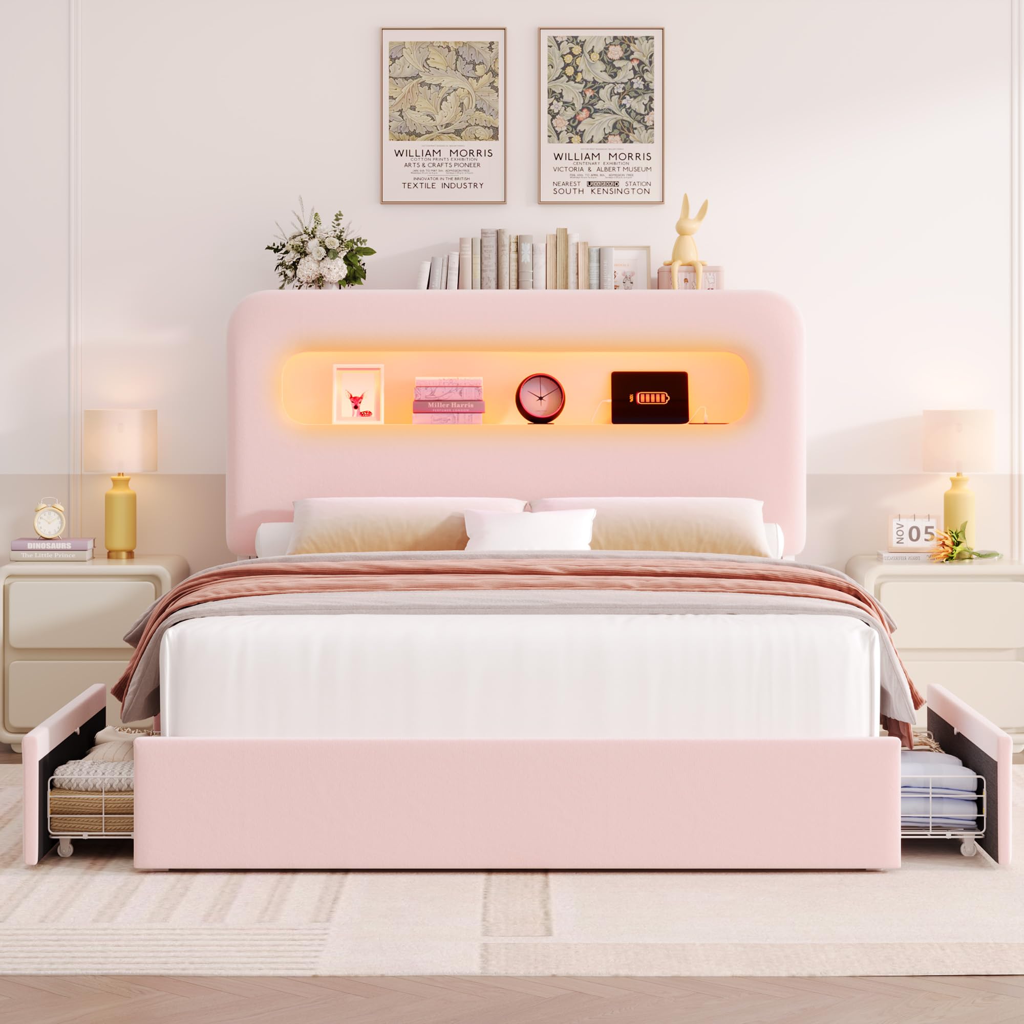 Full Size Velvet Upholstered LED Bed Frame with Storage Headboard, 4 Drawers, USB Charging Ports, No Box Spring Needed – Pink