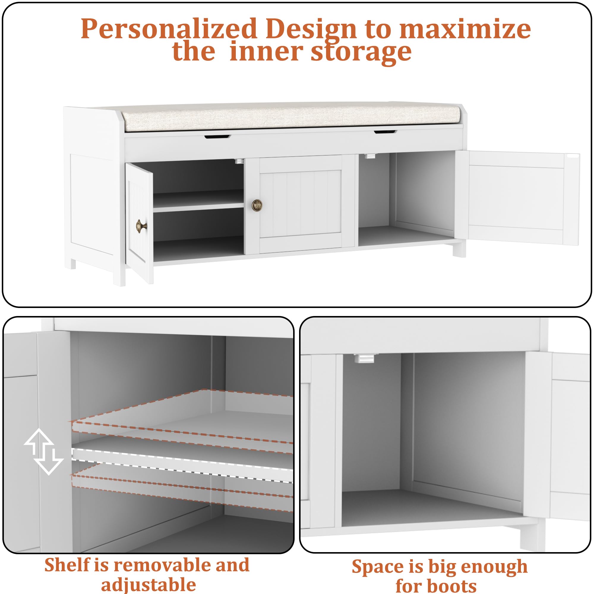 41.3" Shoe Bench with Lift-Top Storage, Cushioned Entryway Bench, Hidden Storage Cabinet for Bedroom, Hallway, End of Bed, White