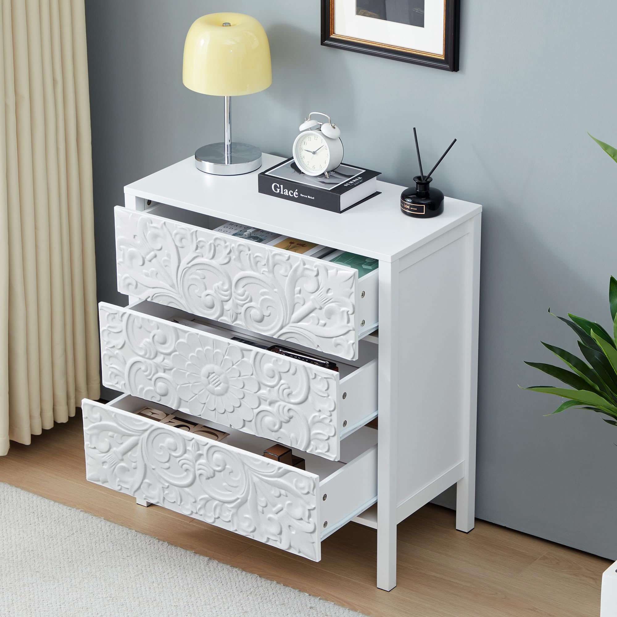 White 3 Drawer Dresser, Wide Chest of Drawers with Storage, Accent Nightstand Cabinet Luxury Carving Dresser for Bedroom Hallway Living Room Entryway Office