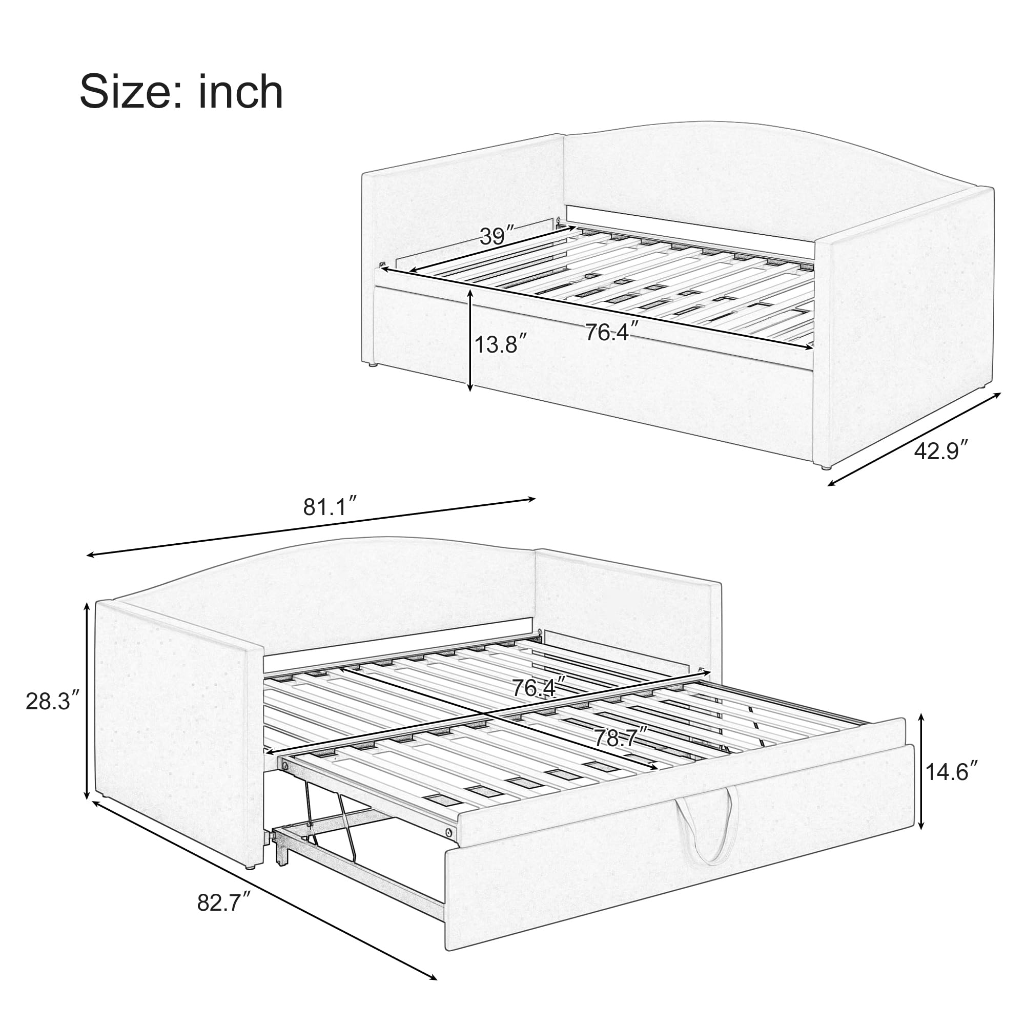 Twin Size Velvet Daybed with Extended Pop Up Trundle, Upholstered Sofa Bed Daybed, Space-Saving Twin to King Design for Guest Room, Gray