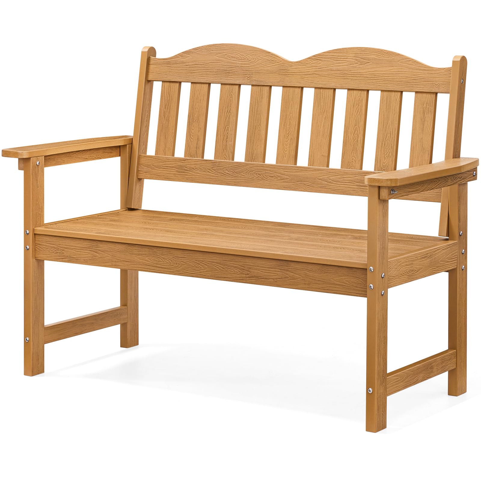 Outdoor Garden Bench, 2-Person Poly Lumber Patio Bench with Armrests, 800 lbs Capacity, All-Weather for Porch, Backyard, Park, Teak