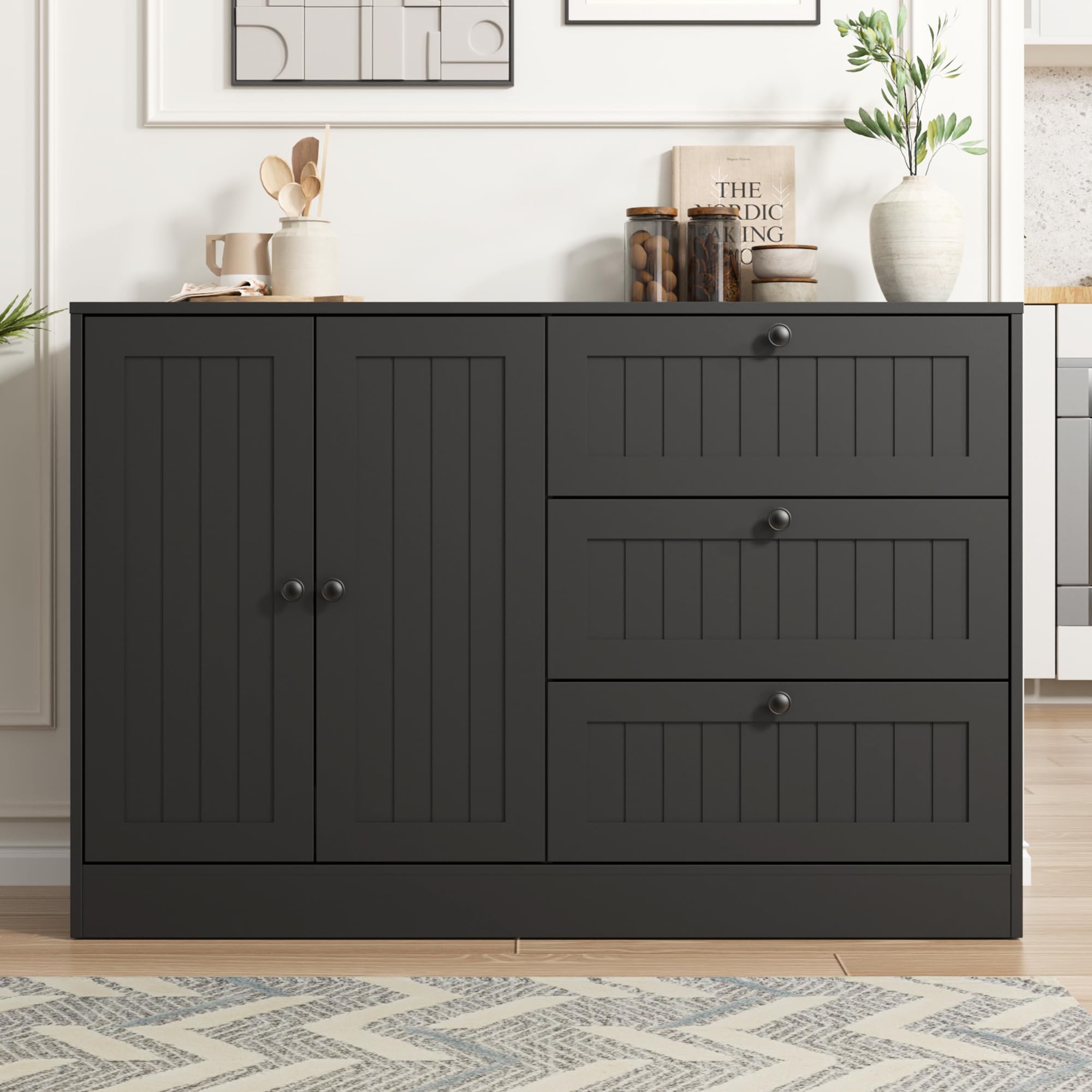 Sideboard Buffet Cabinet with Storage, 47" Large Farmhouse Kitchen Cabinet with 3 Drawers and Doors, Modern Accent Coffee Bar Wood Table