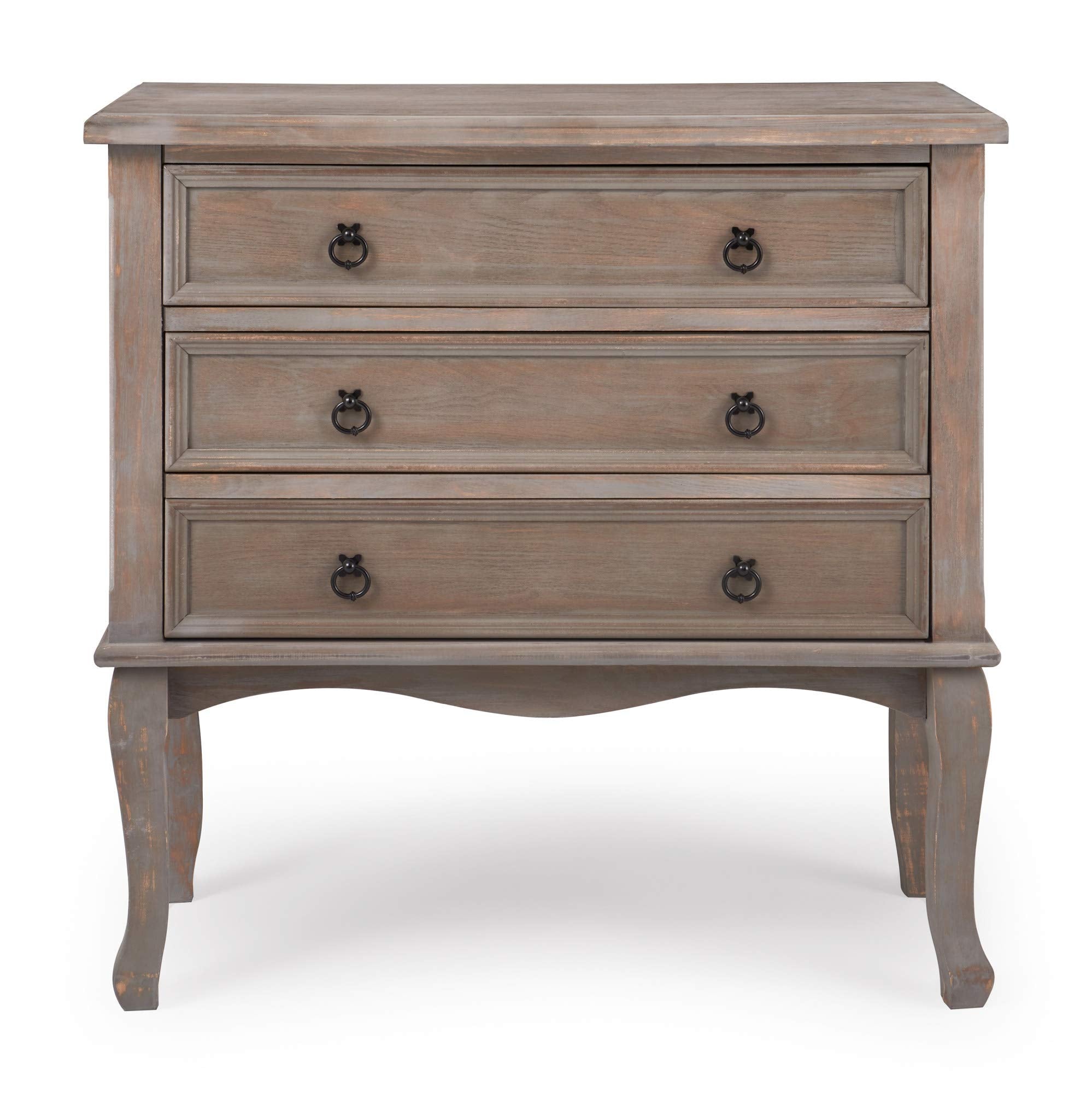 Thomas Antique Country Style Dresser Chest with 3 Drawers, Weathered Wood Nightstand Living Room Accent Furniture, Black Ring Handle, Curved Legs, Grey