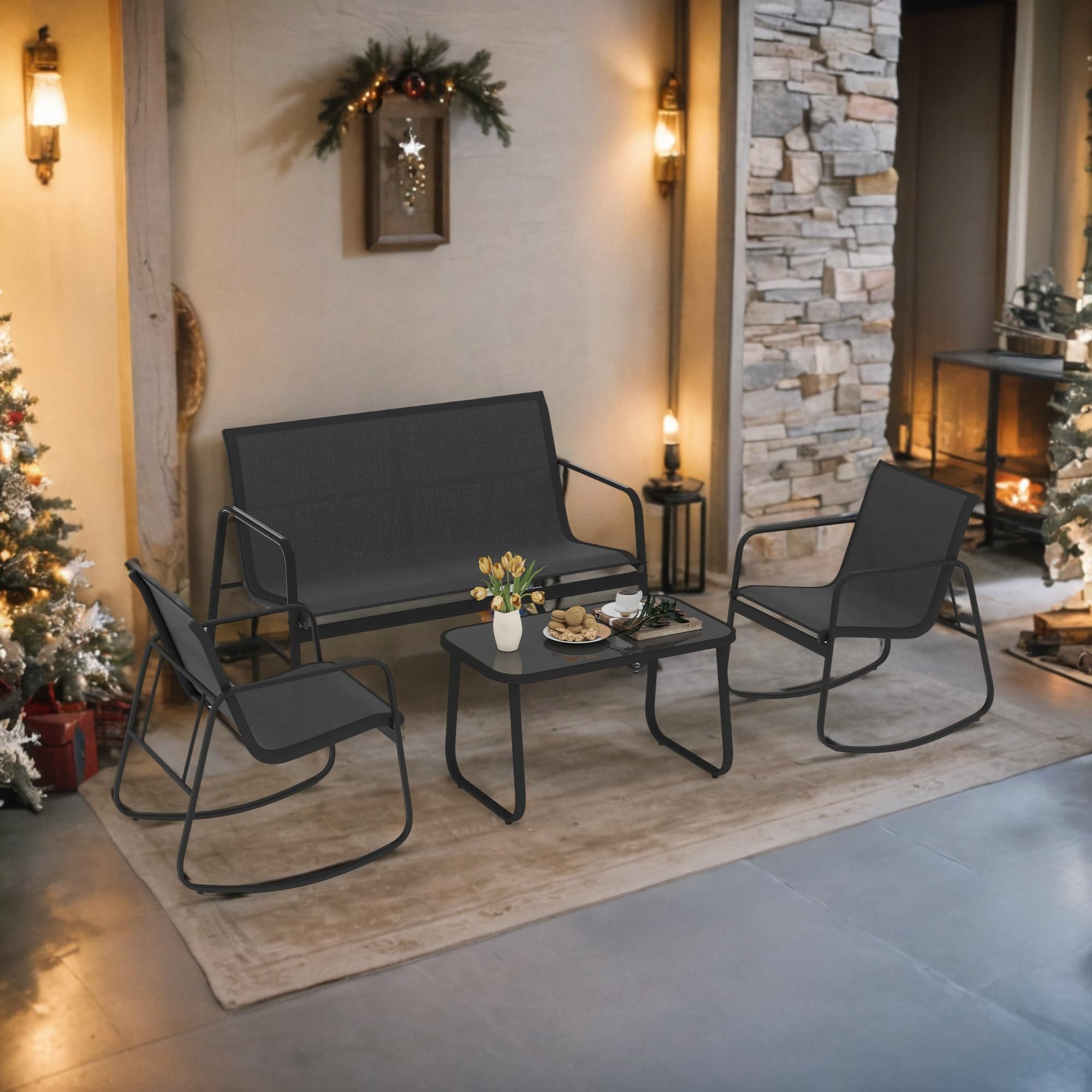 4-Piece Patio Furniture Set, Textilene Conversation Set with 2 Rocking Chairs and Tempered Glass Coffee Table, Perfect for Indoor Patio Lawn Garden Poolside, Black