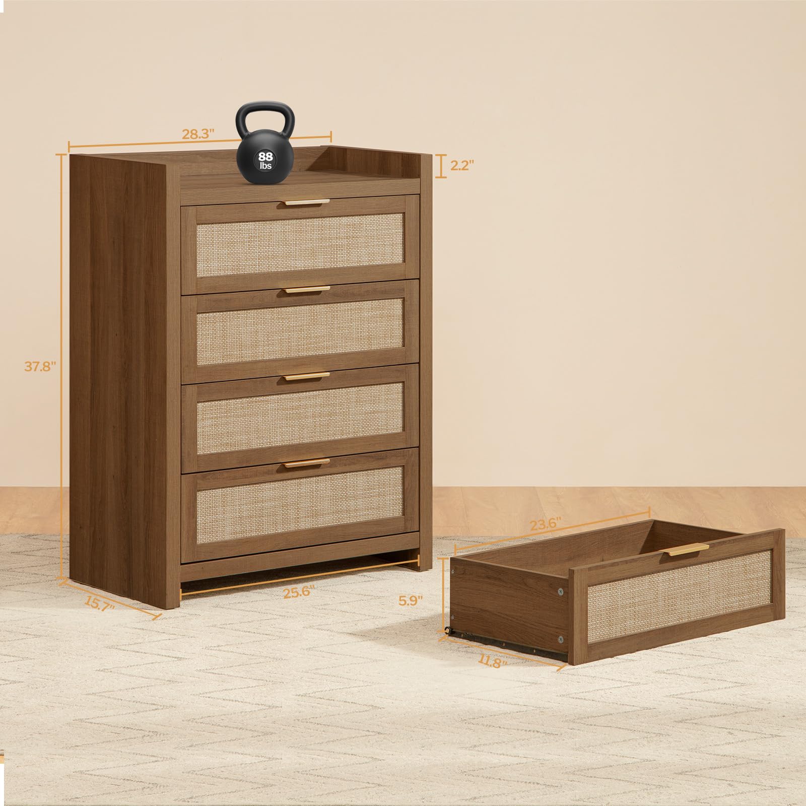 38" Tall Dresser for Bedroom, Boho Chest with 4 Rattan Drawers, Large Clothes Storage Cabinet for Closet, Entryway, Nursery, Living Room