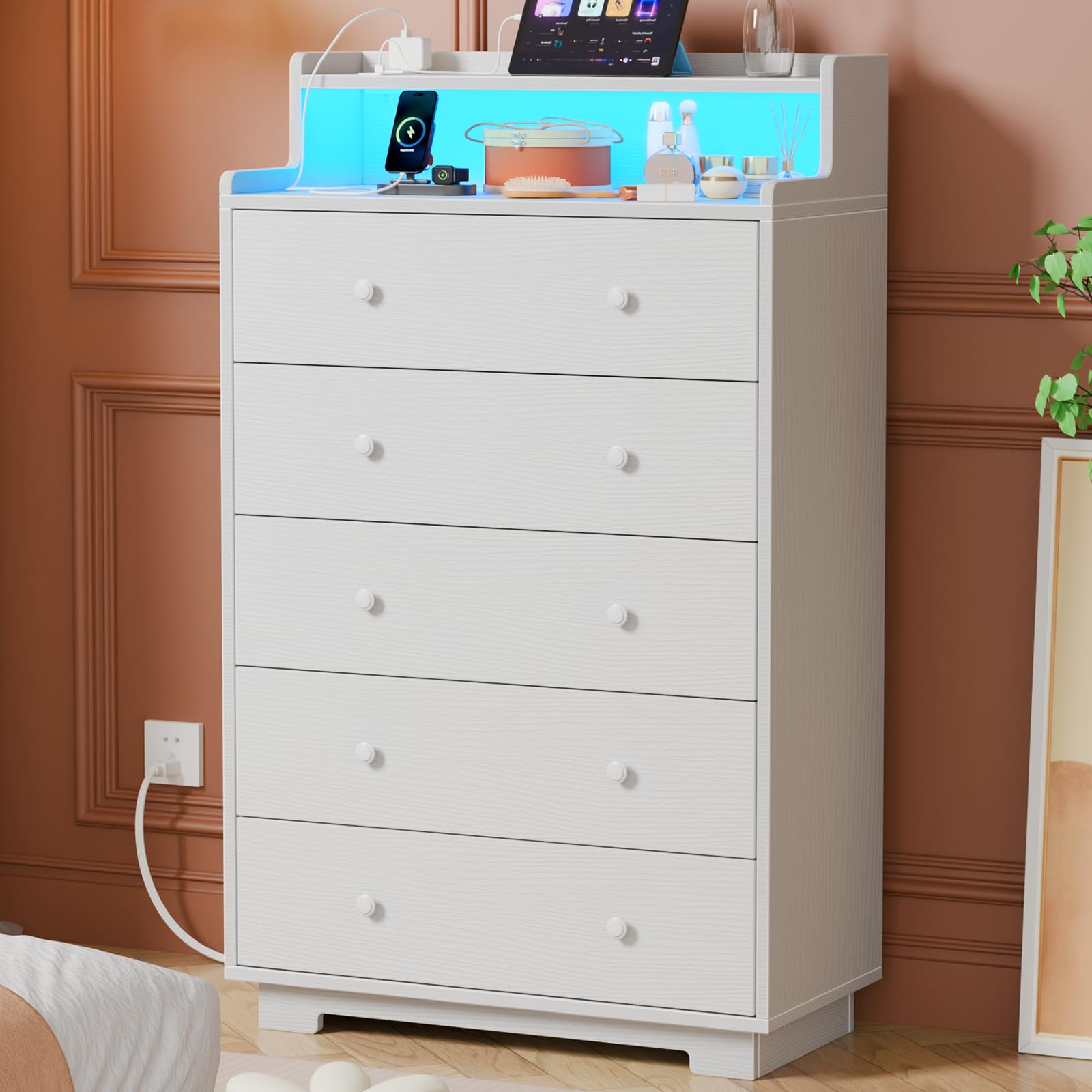 Tall 5-Drawer Dresser for Bedroom, Chest with Charging Station & LED Light, Deep Wood Drawers for Clothes, Closet, Entryway, White