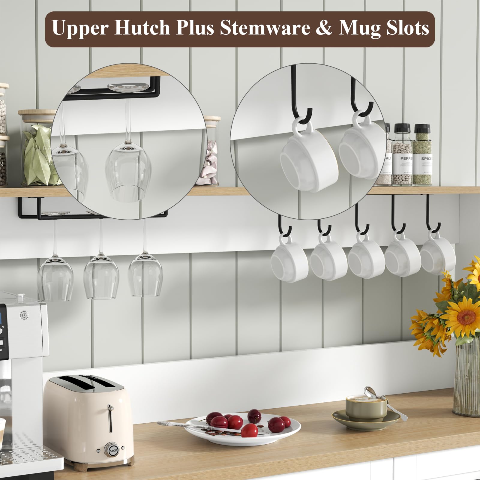 Farmhouse Bar Cabinet with Hutch, Kitchen Buffet Cabinet with Storage Cabinet & 3 Sliding Drawers, Adjustable Shelf, Goblet Holder, Cup