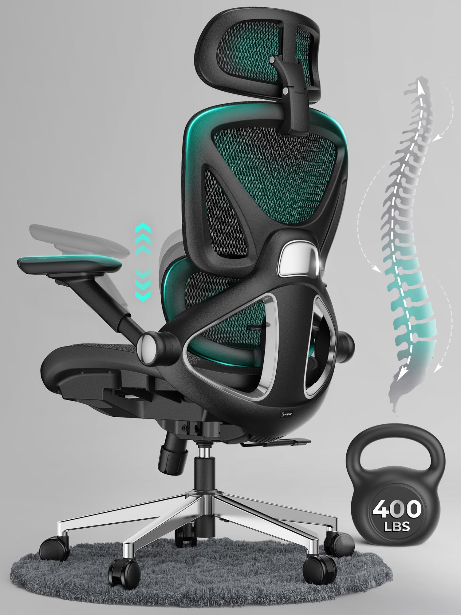 Ergonomic Mesh Office Chair, High Back Desk Chair 400lbs with 3D Headrest, Adjustable Lumbar, 4D Flip-Up Arms, PU Wheels, Tilt & Swivel