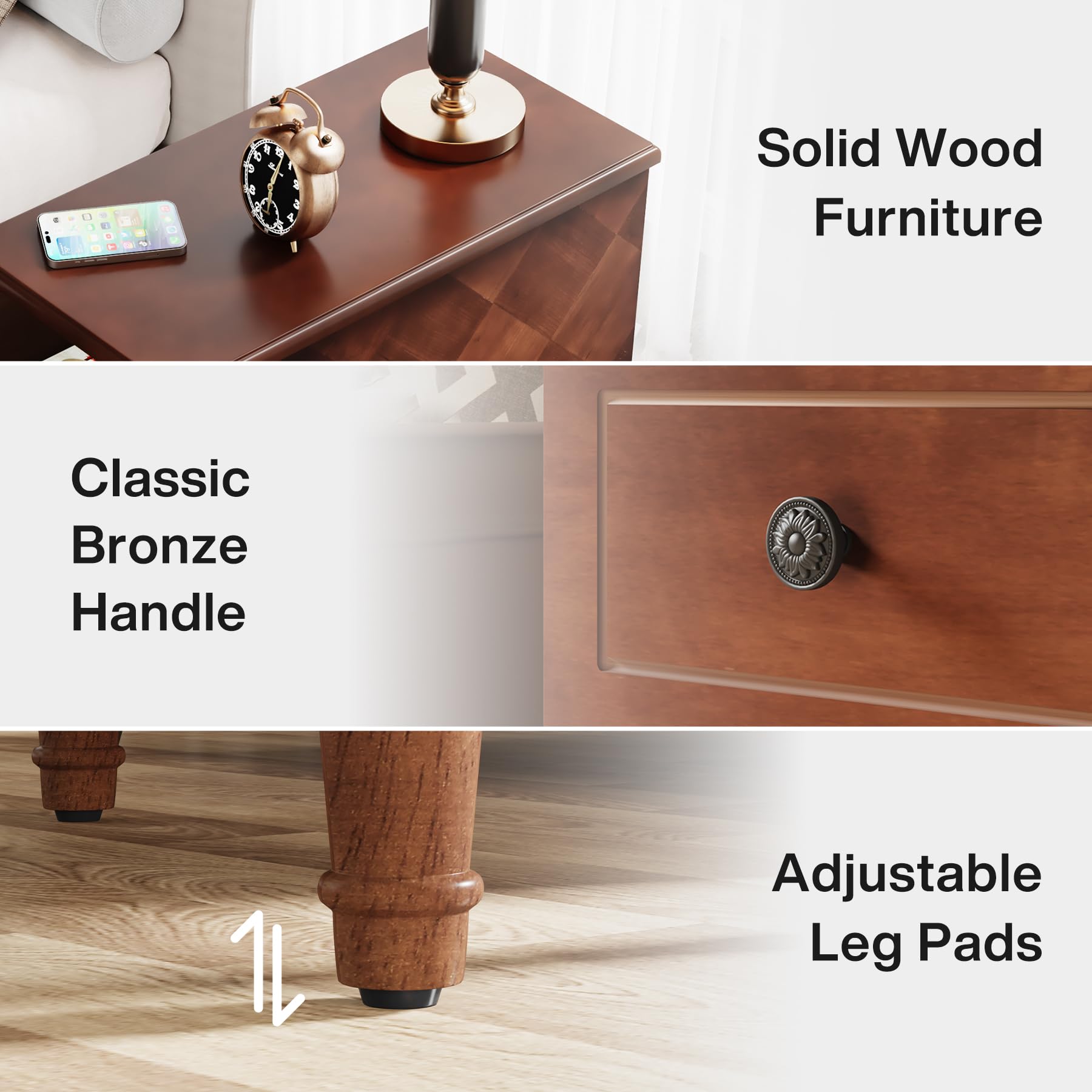 Solid Wood End Table, Fully Assembled Slim Side Table with Drawers, Narrow Nightstand for Small Spaces, Bedroom, Living Room, Brown
