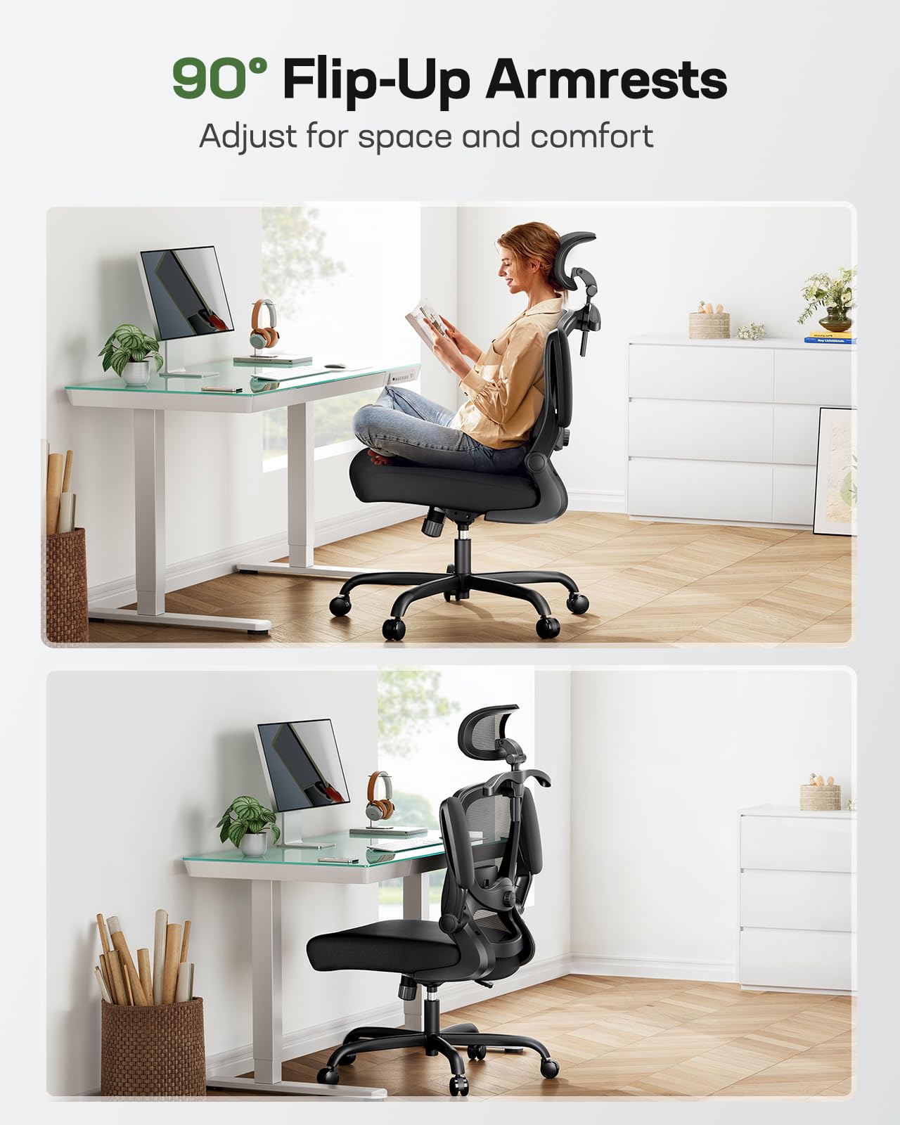Ergonomic Office Chair: Ergonomic Gaming Chair with 3D Headrest, 3D Lumbar Support, Flip-up Armrests, High Back Adjustable Desk Chair with 90-120° Tilt Lock, Thick Cushion (Black)