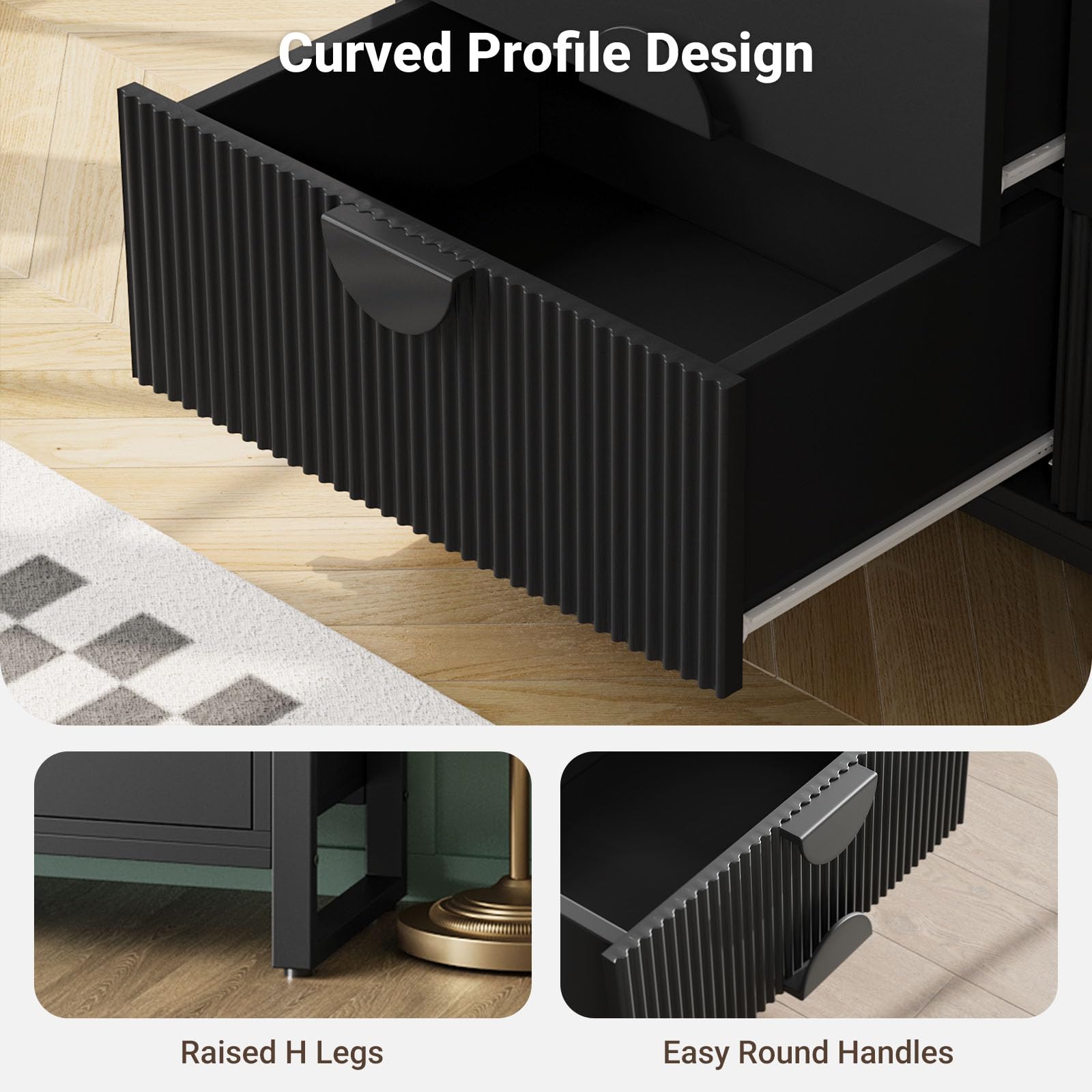 Fluted Black Dresser, 50" Wide Modern Chest with 8 Deep Drawers, 42.8" Tall, Raised H Legs & Curved Profile, Easy Round Handles, Black