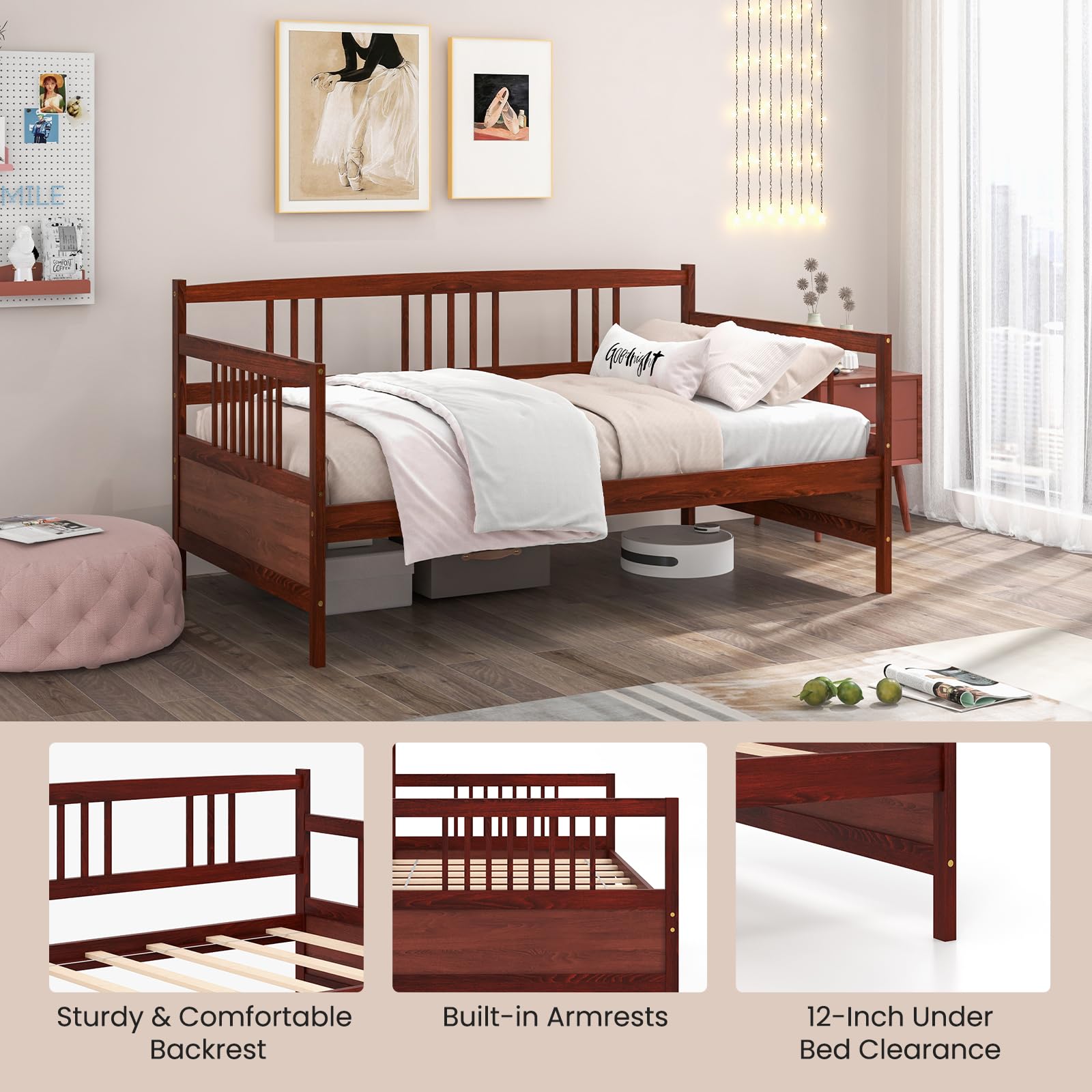 Twin Daybed Frame, Wooden Sofa Bed with Rails & Slat Support, Dual-Use Platform Bed for Bedroom or Living Room, No Box Spring Needed, Cherry