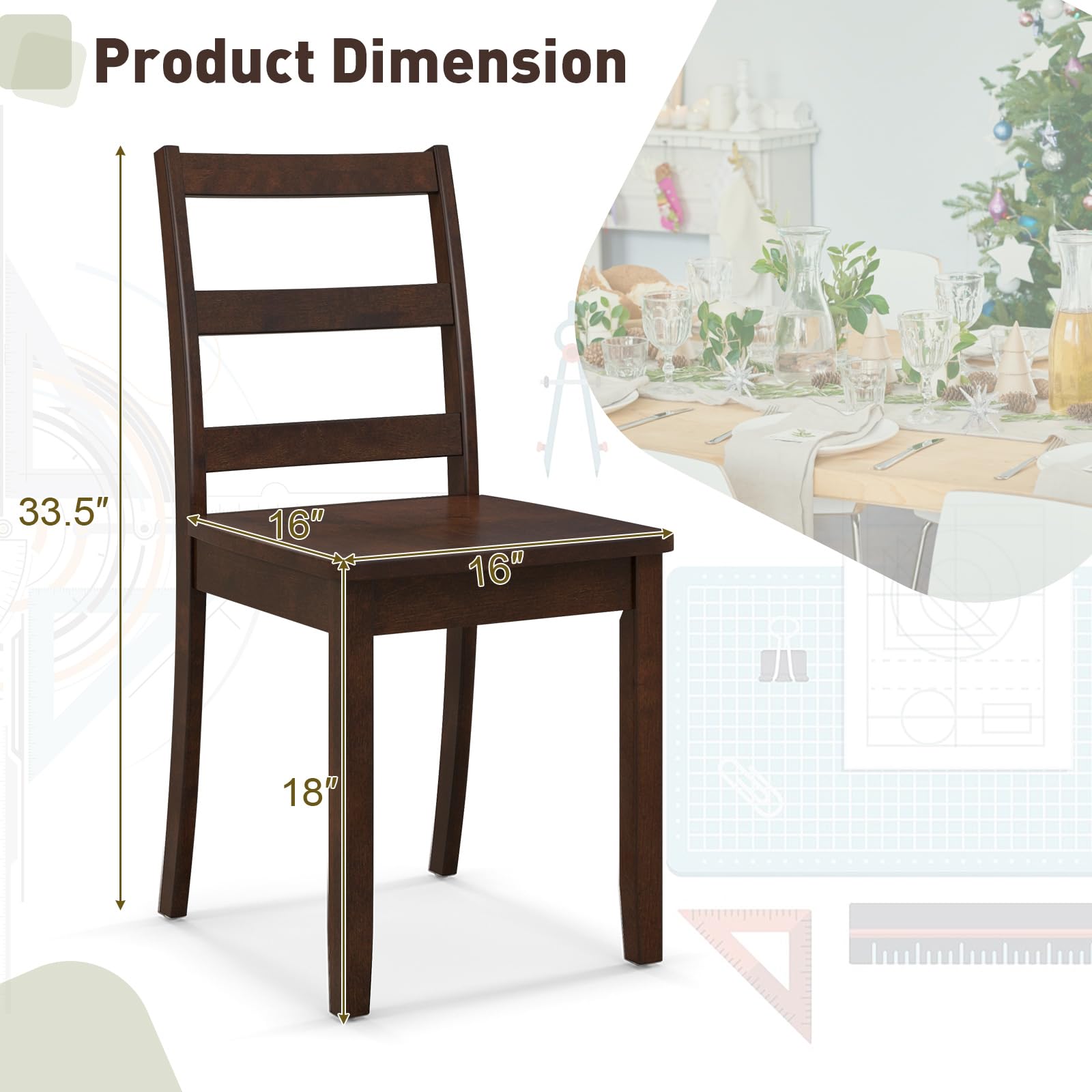 Wood Dining Chairs Set of 4 Walnut- Wooden Armless Kitchen Chairs with Solid Rubber Wood Legs, Non-Slip Foot Pads, Max Load 400 Lbs