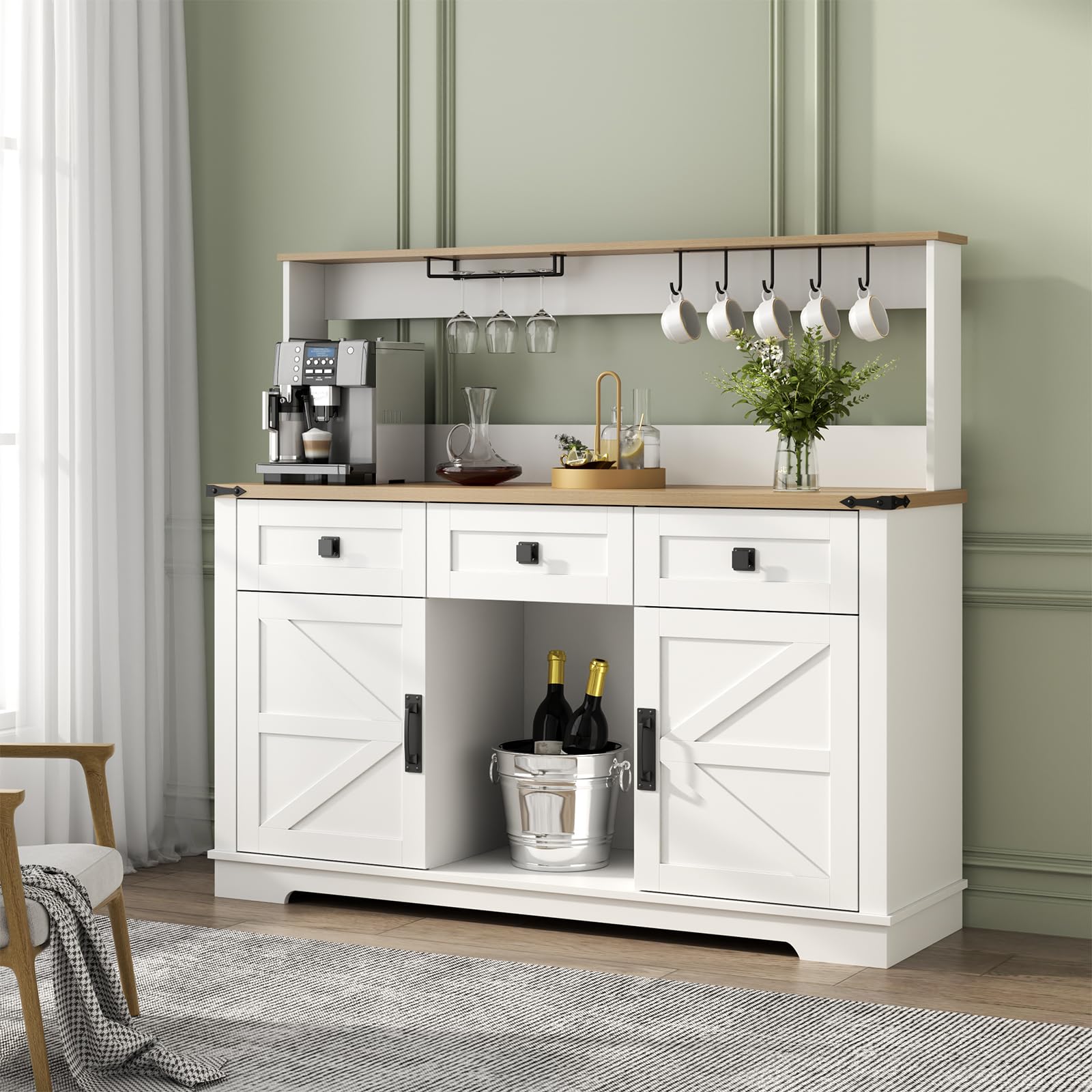 Farmhouse Bar Cabinet with Hutch, Kitchen Buffet Cabinet with Storage Cabinet & 3 Sliding Drawers, Adjustable Shelf, Goblet Holder, Cup