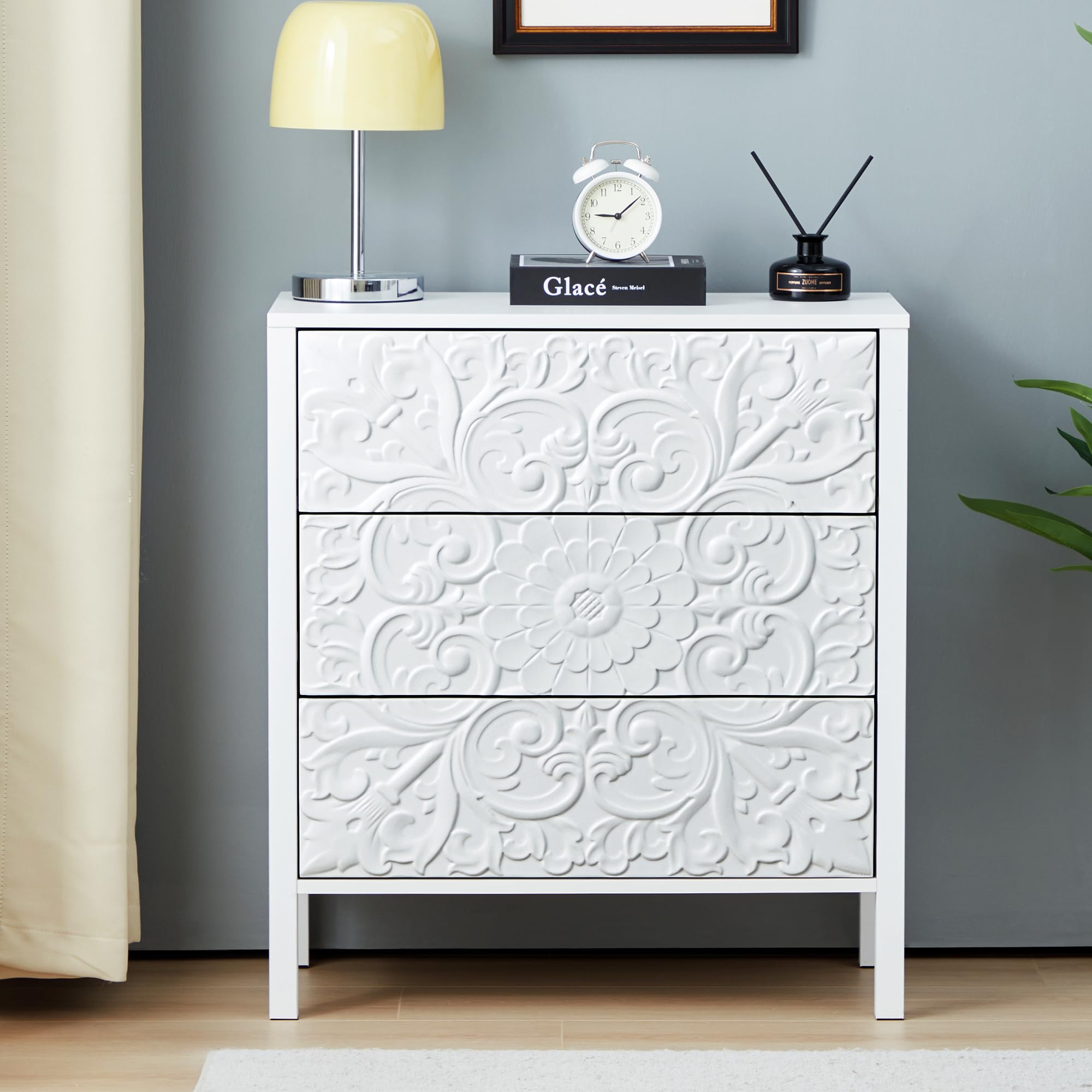 White 3 Drawer Dresser, Wide Chest of Drawers with Storage, Accent Nightstand Cabinet Luxury Carving Dresser for Bedroom Hallway Living Room Entryway Office
