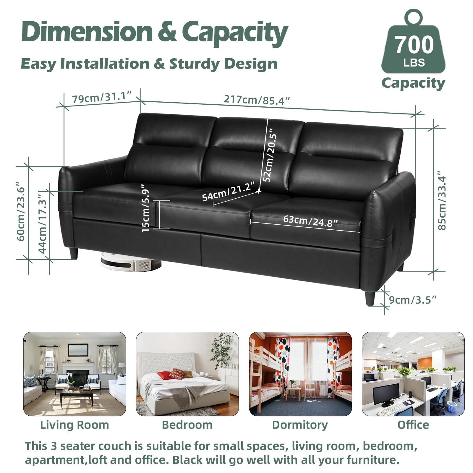 85” Black Faux Leather Couch with USB, 3 Seater Sofa Couches for Living Room, Large Mid Century Modern Office Apartment Couch (Black)