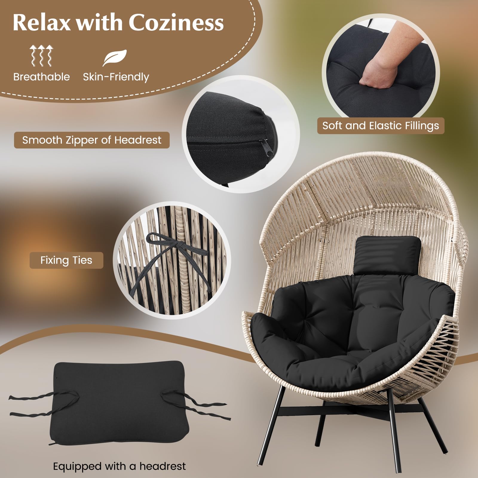 Oversized Wicker Egg Chair with Cushions & Headrest, Stationary Patio Basket Lounge Chair, Heavy-Duty Frame for Porch, Yard, Living Room