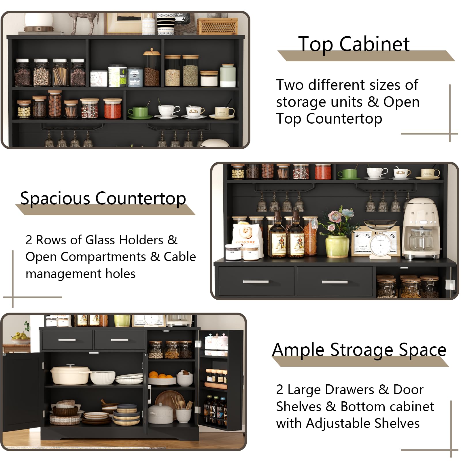Pantry Storage Cabinet with 2 Drawers, Tall Kitchen Hutch Cabinet with Microwave Shelf, Modern Buffet Cabinets with Goblet Holders, Food