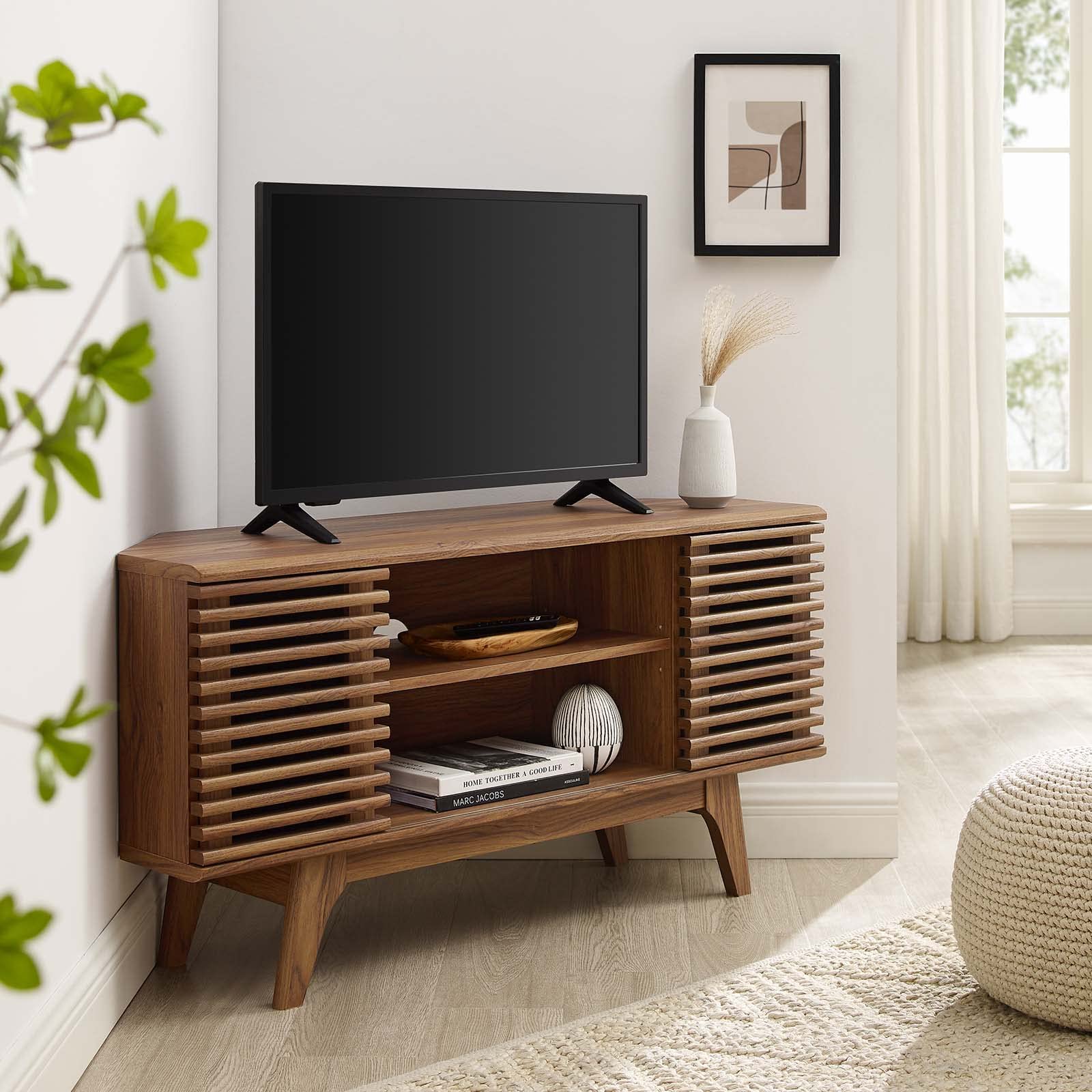 Render Mid-Century Modern Low Profile Corner Media TV Stand in Wal, 15 x 46 x 23